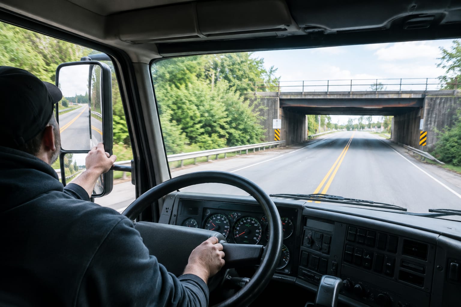 Box truck driver adjusting the side mirror with a low-clearance bridge warning sign visible ahead through the windshield.