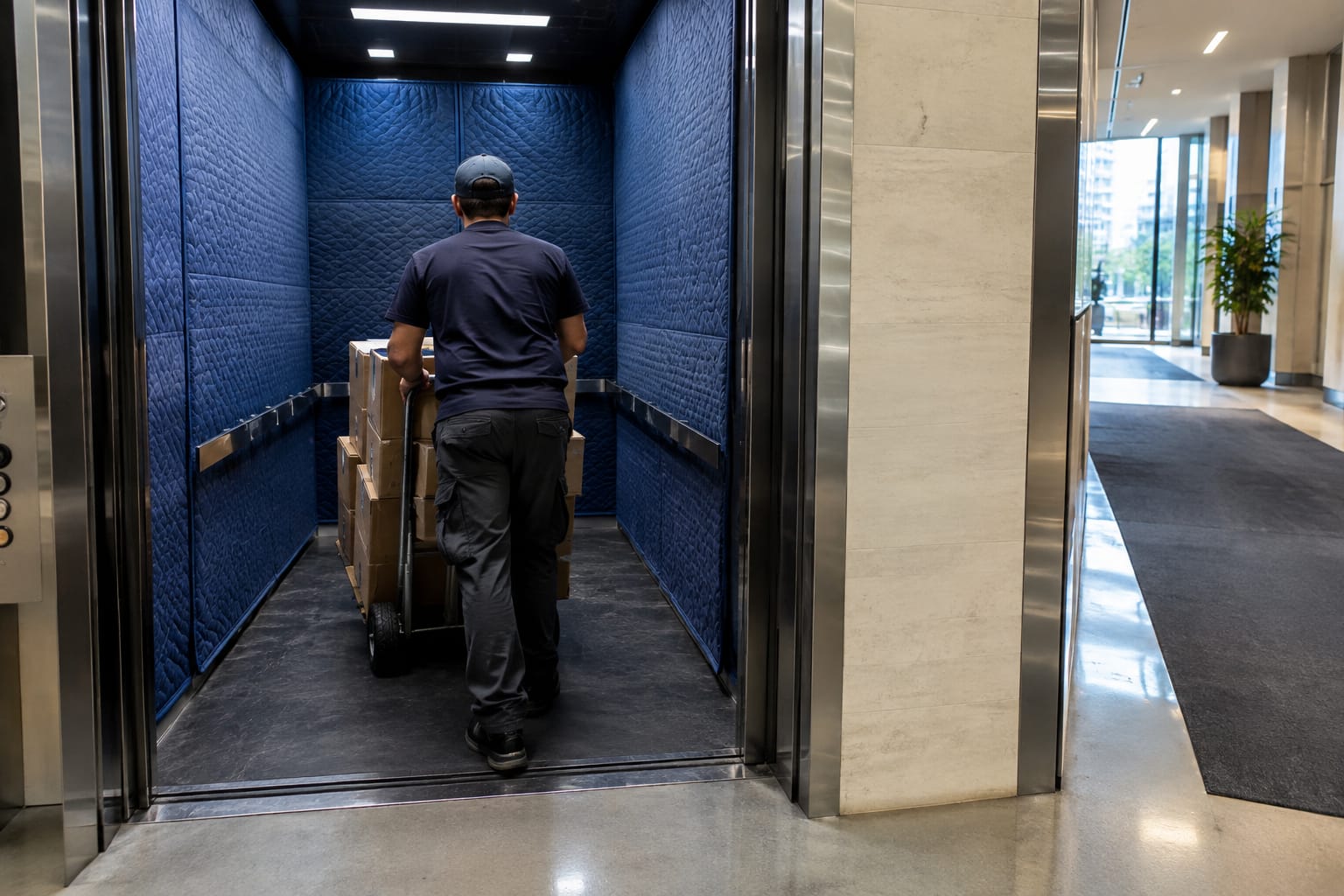 Building engineer reviewing a certificate of insurance with a mover beside a padded freight elevator