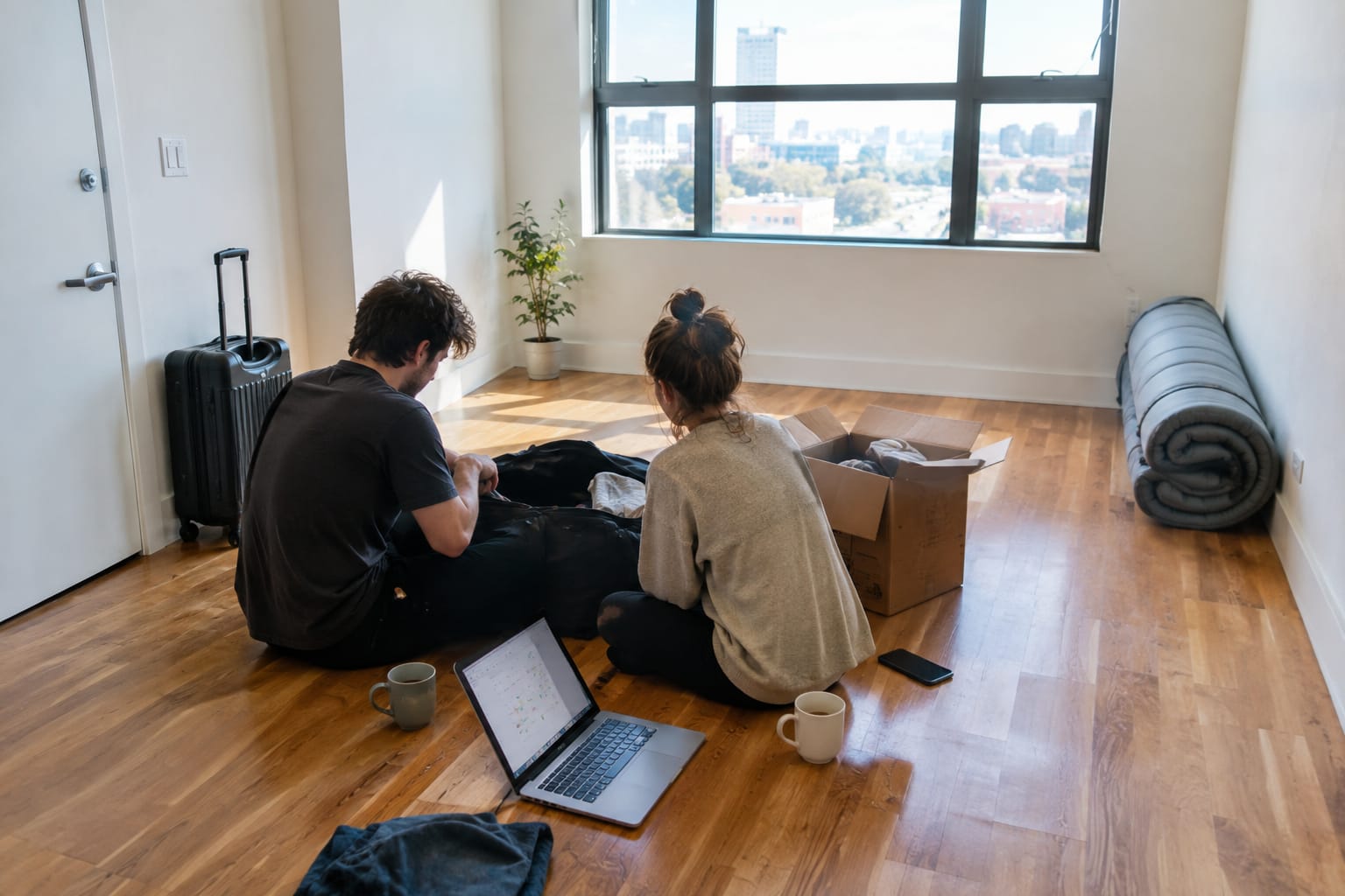 Couple on an empty apartment floor beside an OPEN FIRST box and a laptop calendar