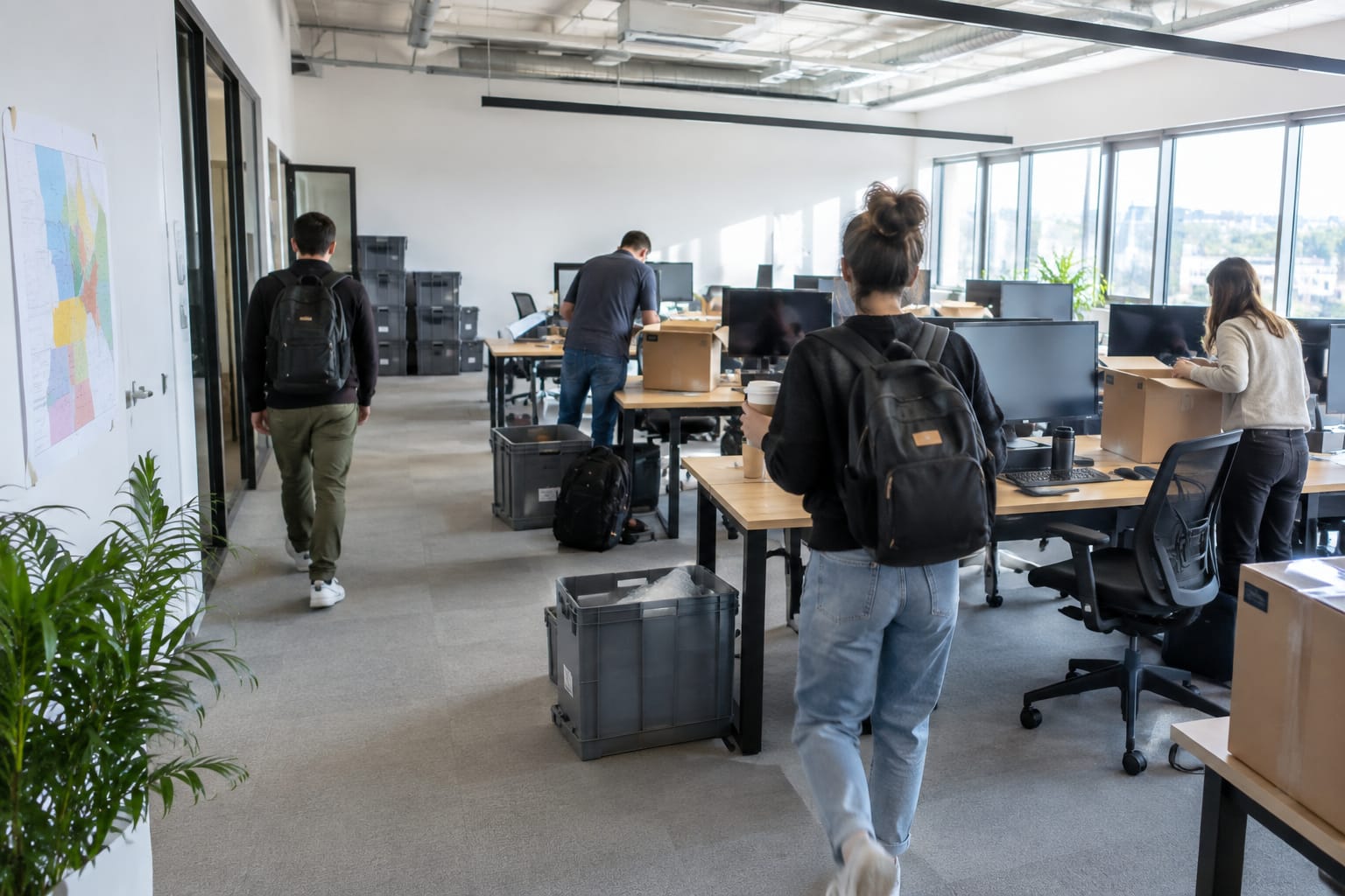 Employees arriving on a bright Monday morning, unpacking crates at assembled desks near a taped zone map.
