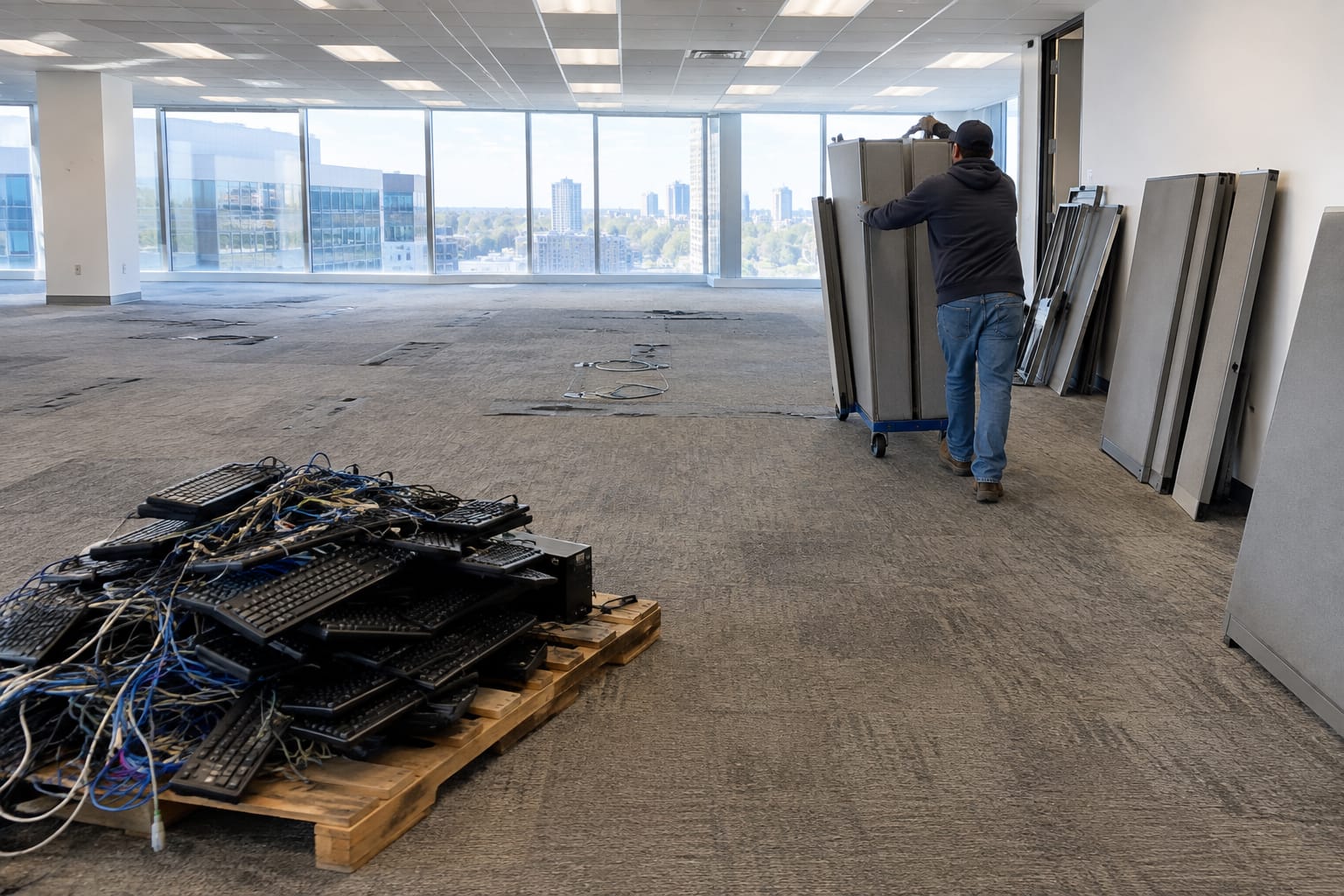 Emptied office being decommissioned with stacked cubicle panels, cable pile, and carpet dents