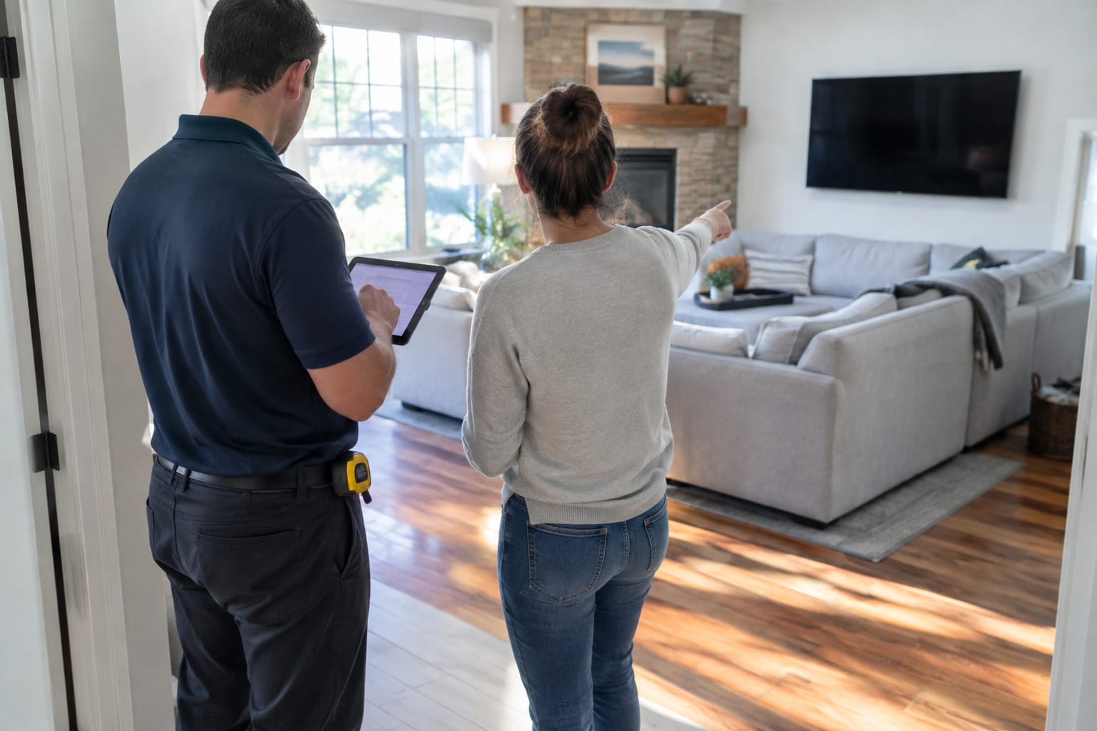 Estimator with a tablet taking inventory as a homeowner points at a sectional sofa in a sunlit living room.