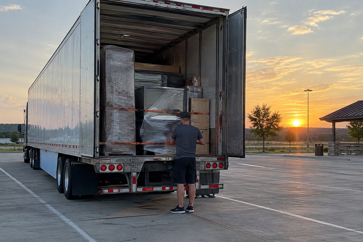 Hands signing a bill of lading on a clipboard while a mover points to the inventory list, labeled boxes strapped behind