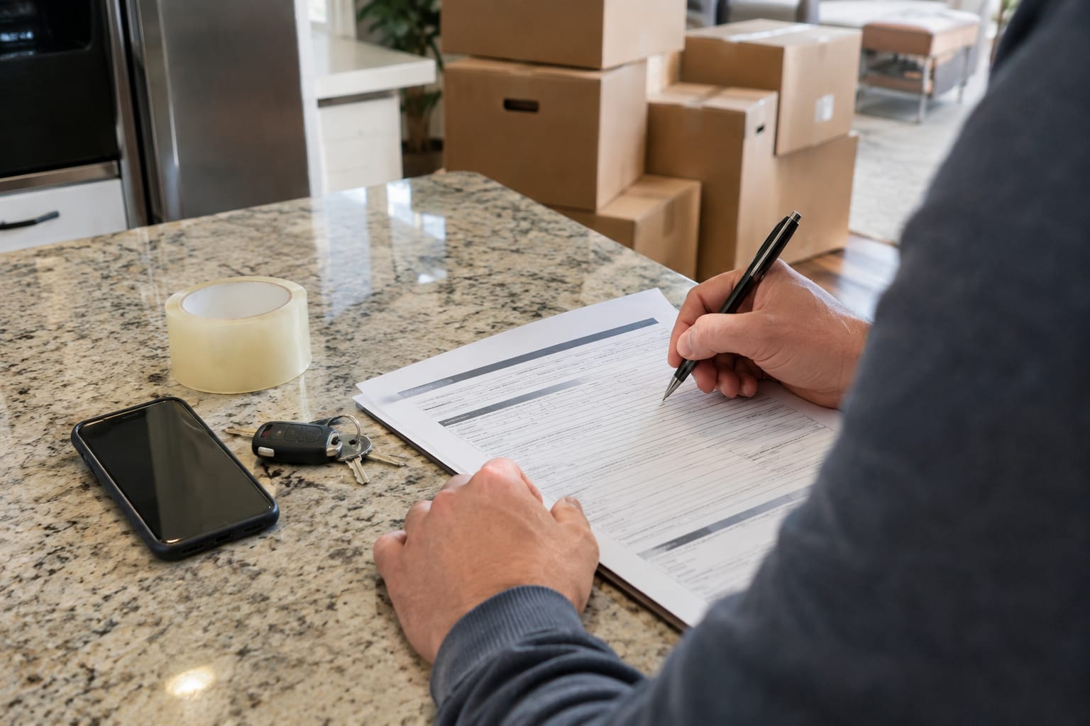 Hands writing pickup and delivery dates onto a printed moving estimate on a counter