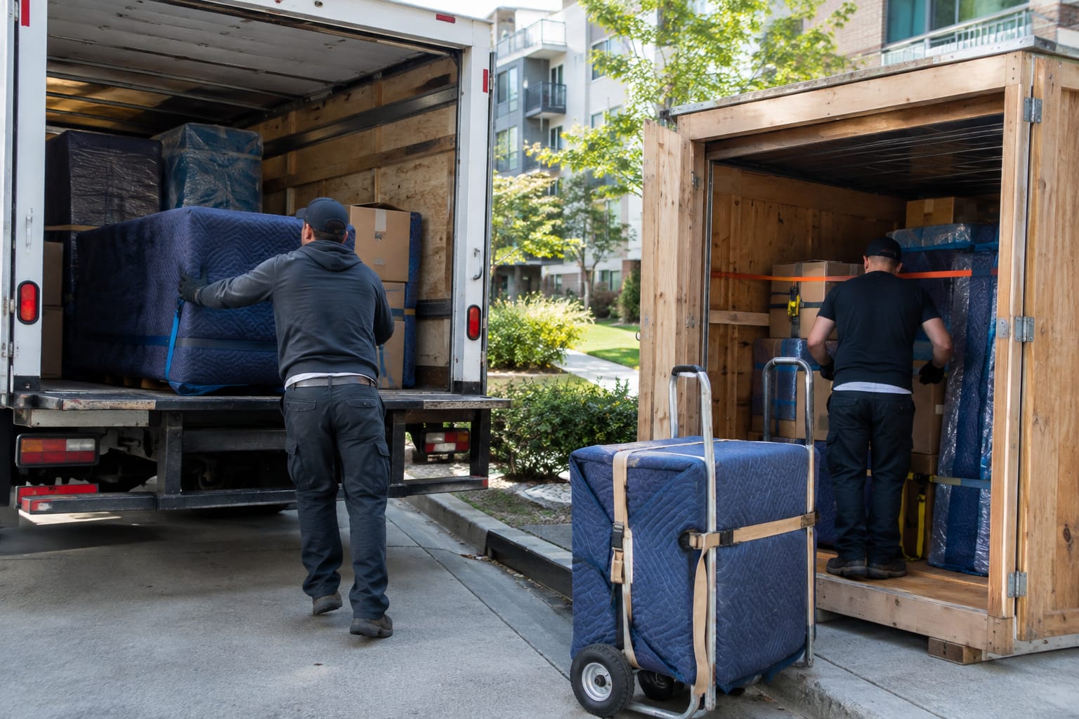 Homeowner with a tablet talking to two movers beside a rented 15-foot truck, boxes staged on the driveway