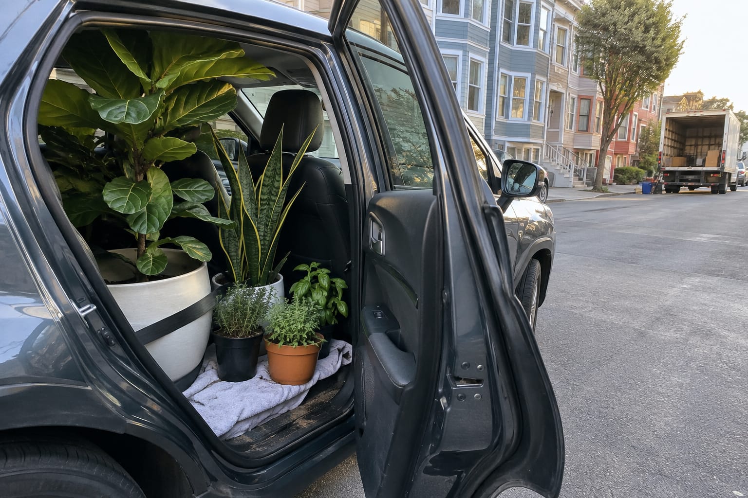 Houseplants belted into the back seat of a hatchback, a towel under the pots, moving truck down the street.