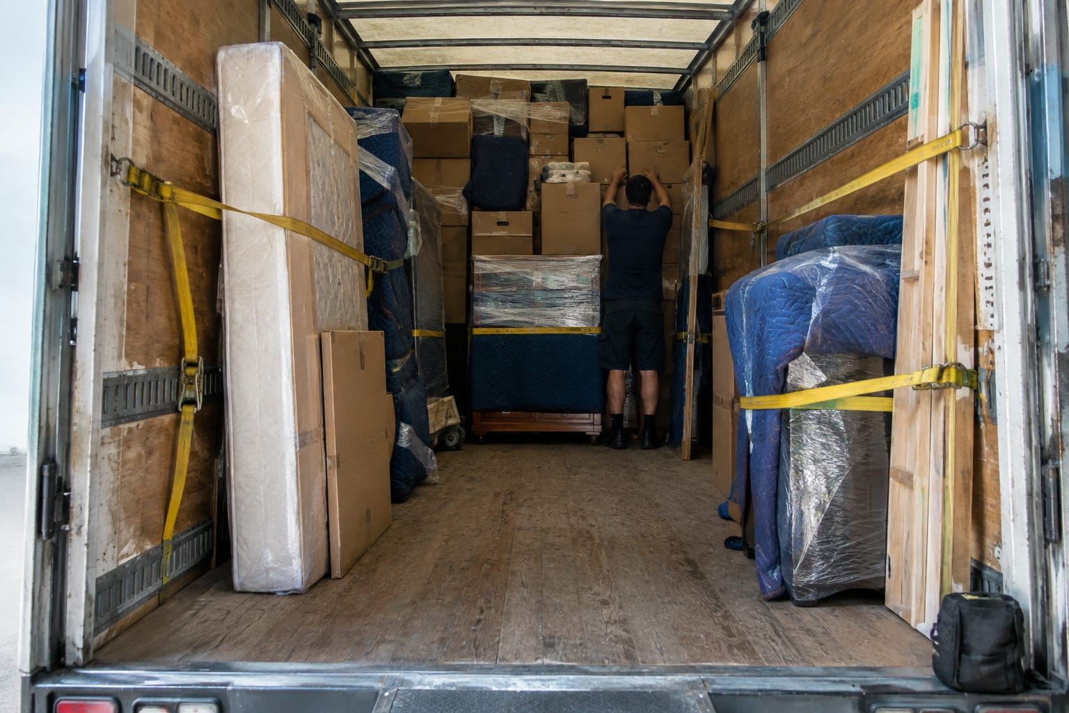 Inside a loaded moving truck showing strapped tiers of boxes and blanket-wrapped furniture