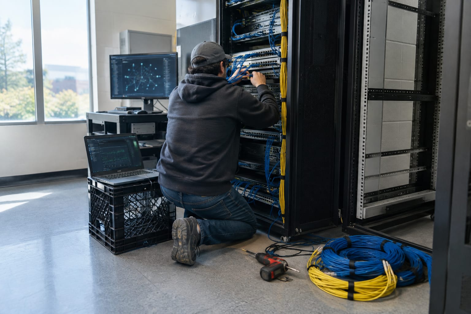 IT technician threading patch cables into an open server rack with a laptop showing network diagnostics.