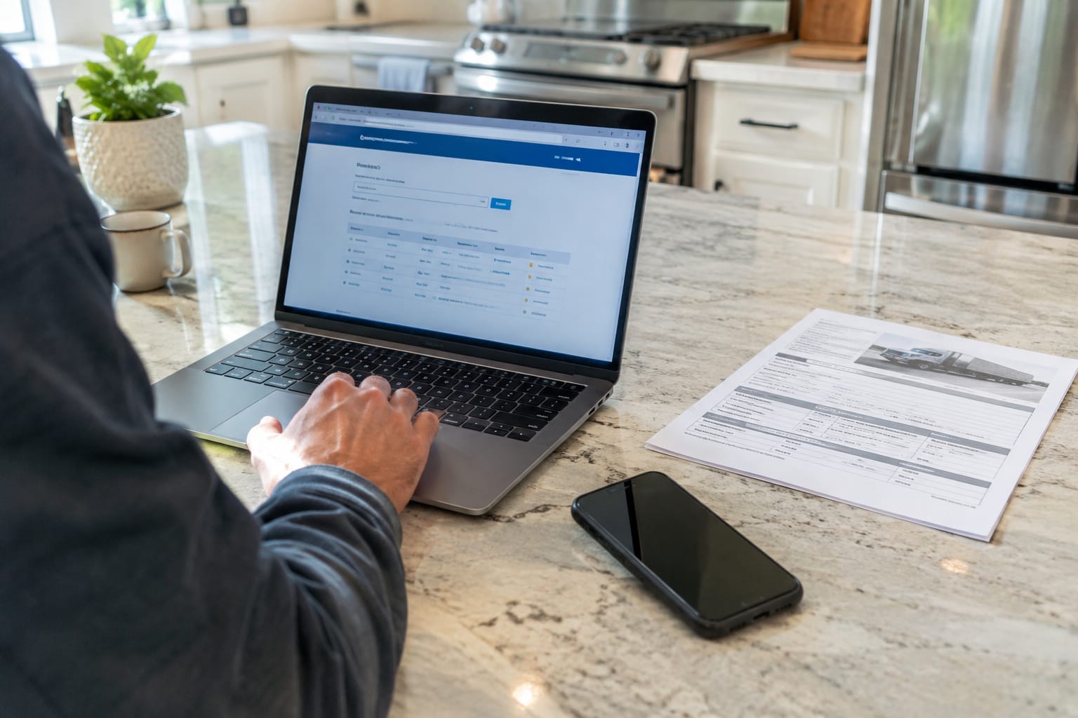 Laptop showing the FMCSA carrier lookup with a US DOT number entered, beside a printed estimate and phone