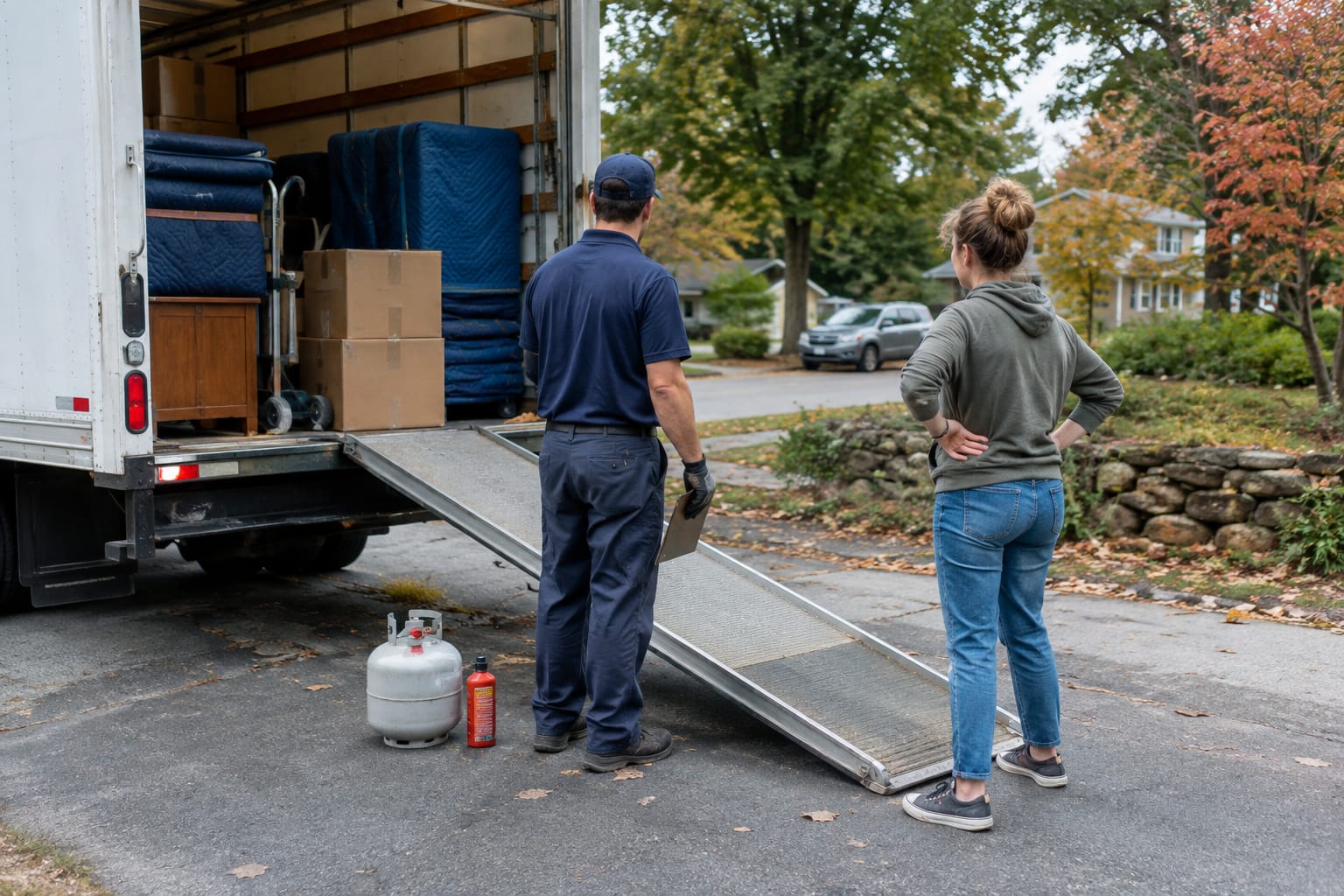 Mover setting a propane tank and lighter fluid on a driveway beside a loaded box truck as a homeowner looks on.