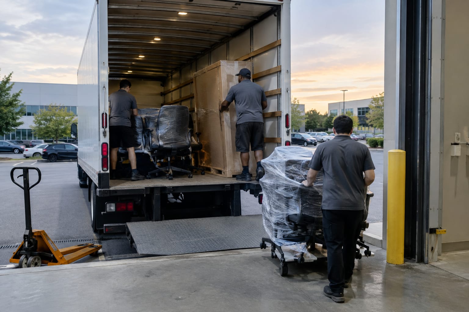 Movers loading wrapped chairs and a flat-packed conference table into a 26-foot box truck at a loading dock