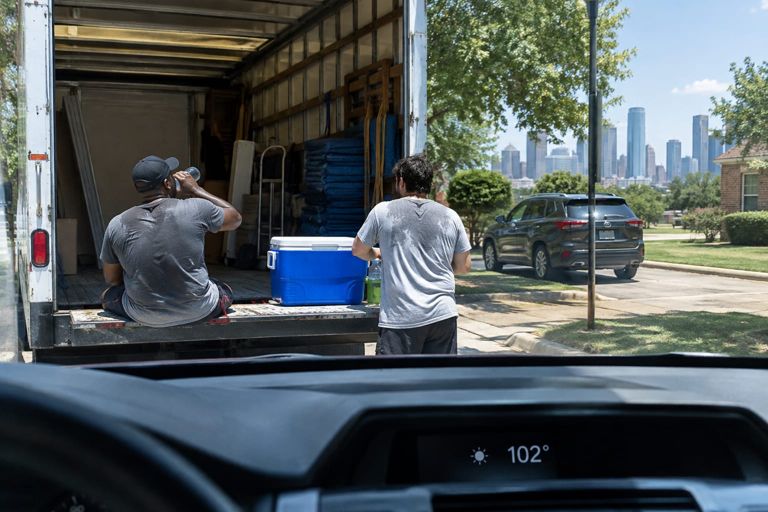 Movers resting in truck-box shade with a cooler and a high dashboard temperature reading on a hot Houston day