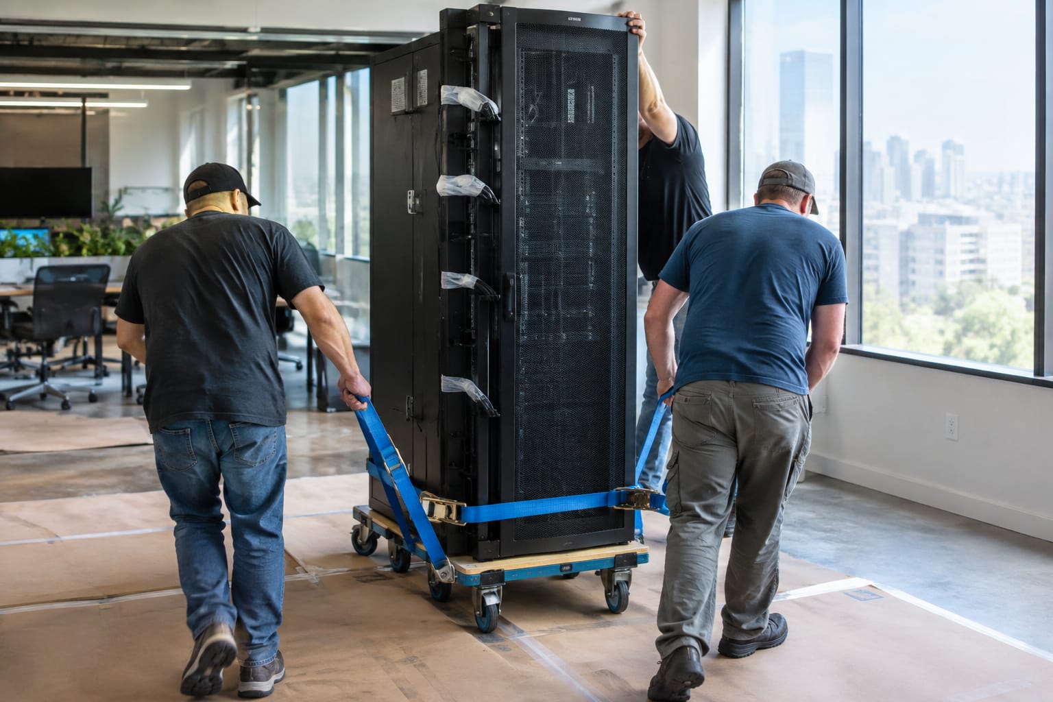 Movers rolling a strapped black server rack on a dolly across a floor-protected office corridor