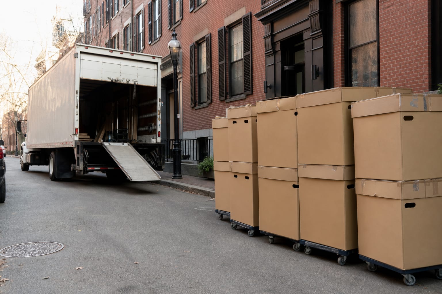 Moving truck squeezing down a narrow South Shore street lined with parked cars and fall foliage