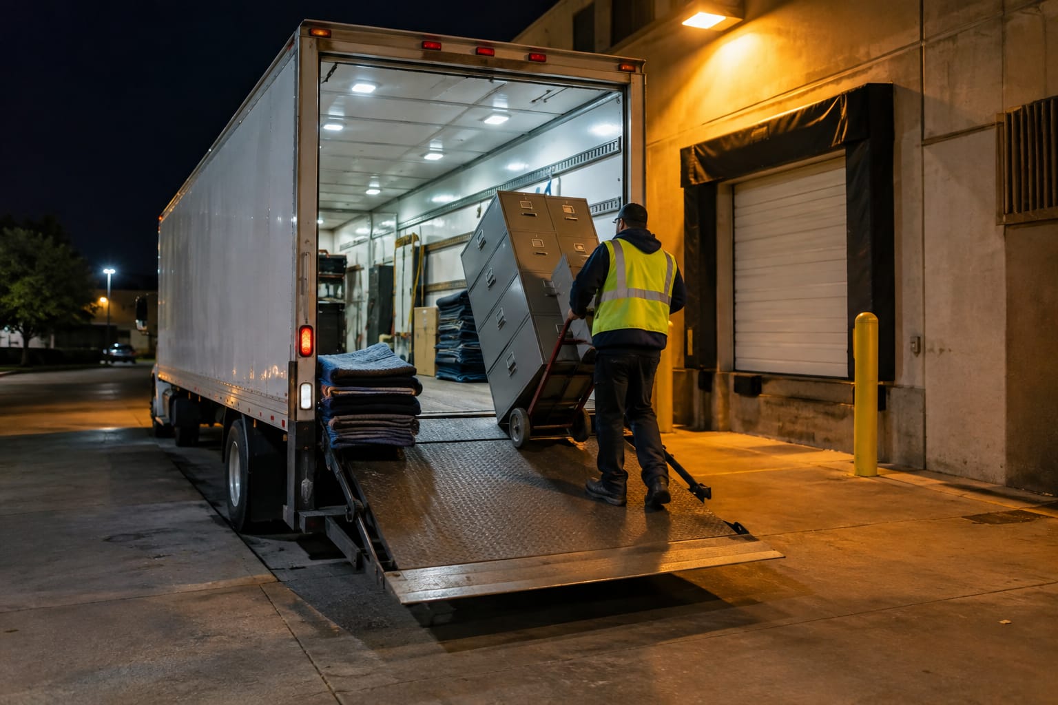 Night loading dock with a box truck, extended ramp, and a vested mover moving file cabinets on a dolly.