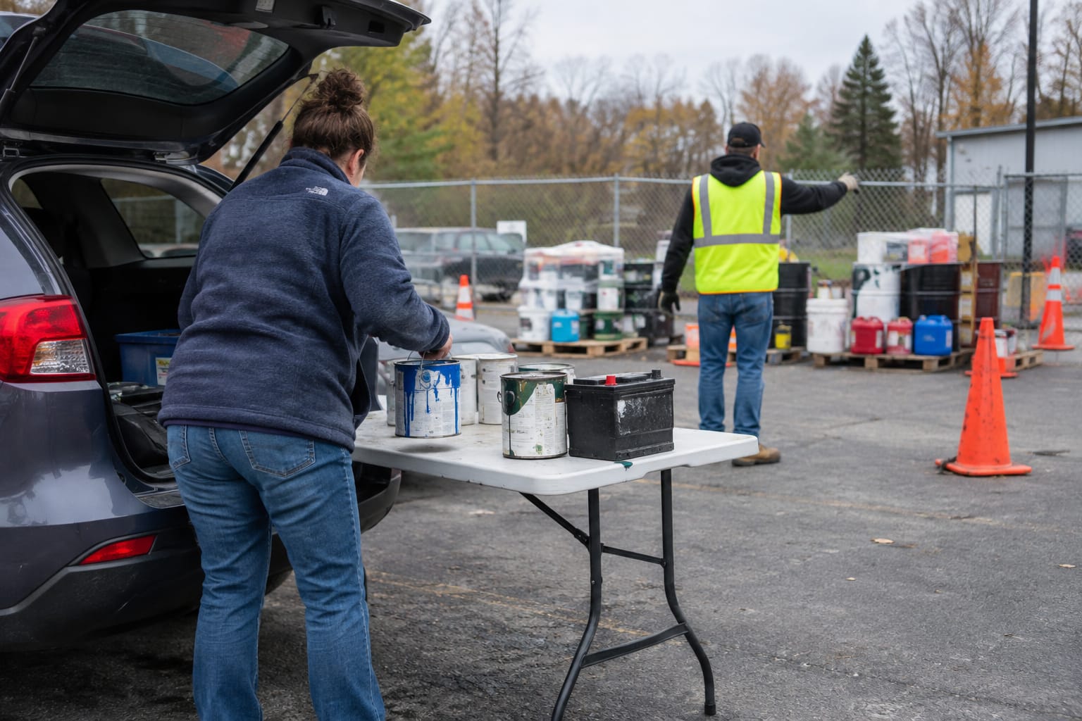 Person handing paint cans and a car battery to a public works worker at a household hazardous waste drop-off site.