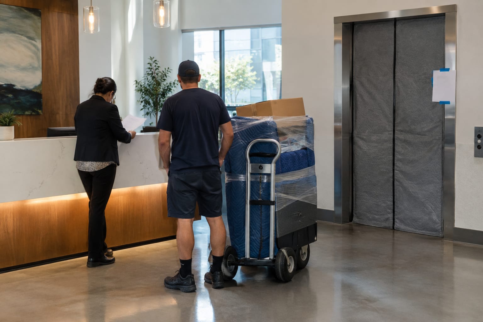 Property manager reviewing a certificate of insurance as a mover waits by a padded, reserved elevator