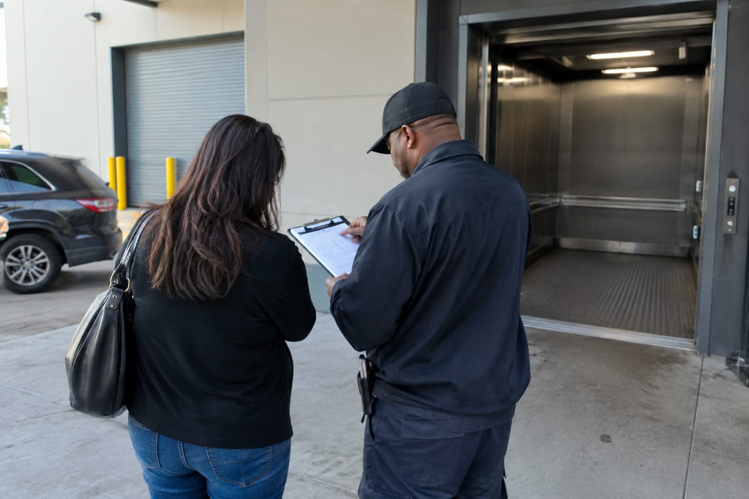 Resident and concierge reviewing a certificate of insurance beside an open padded service elevator in a high-rise