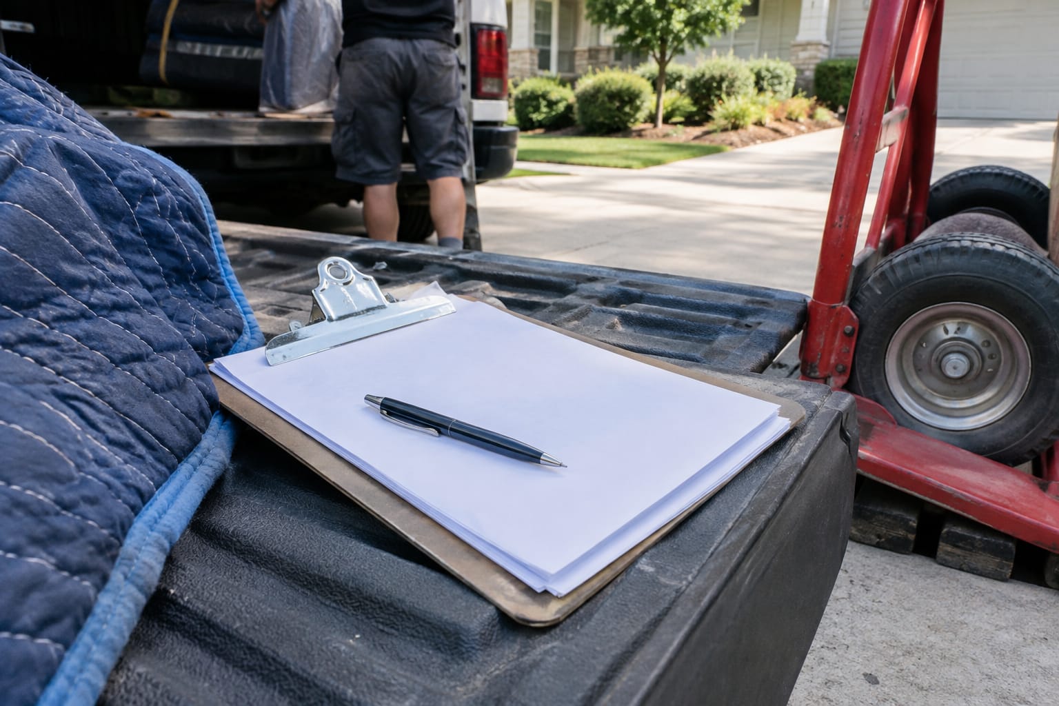 Signed bill of lading on a clipboard resting on a truck tailgate with a pen on the signature line.