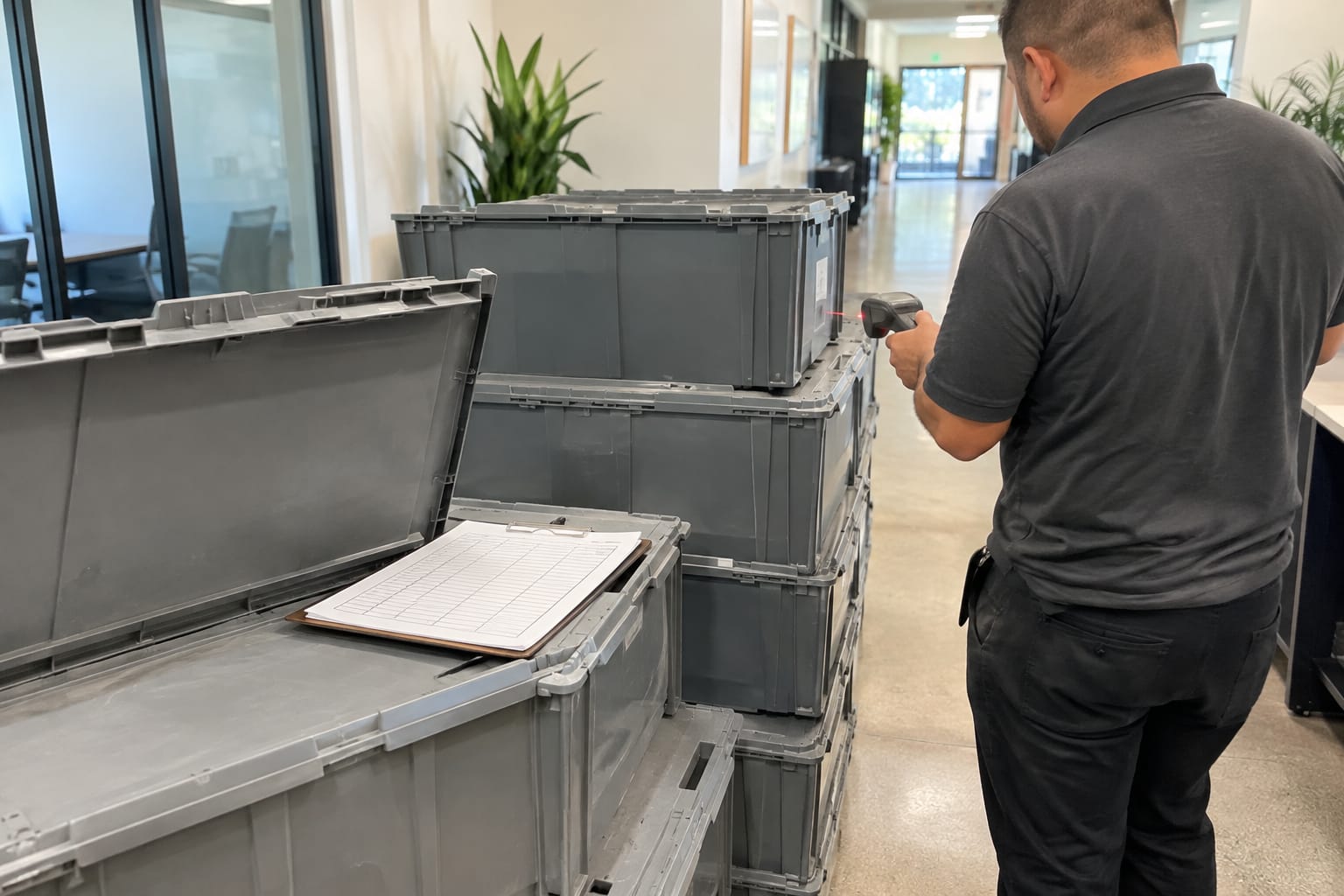 Stacked gray rental moving crates in an office hallway with a mover scanning a barcode label