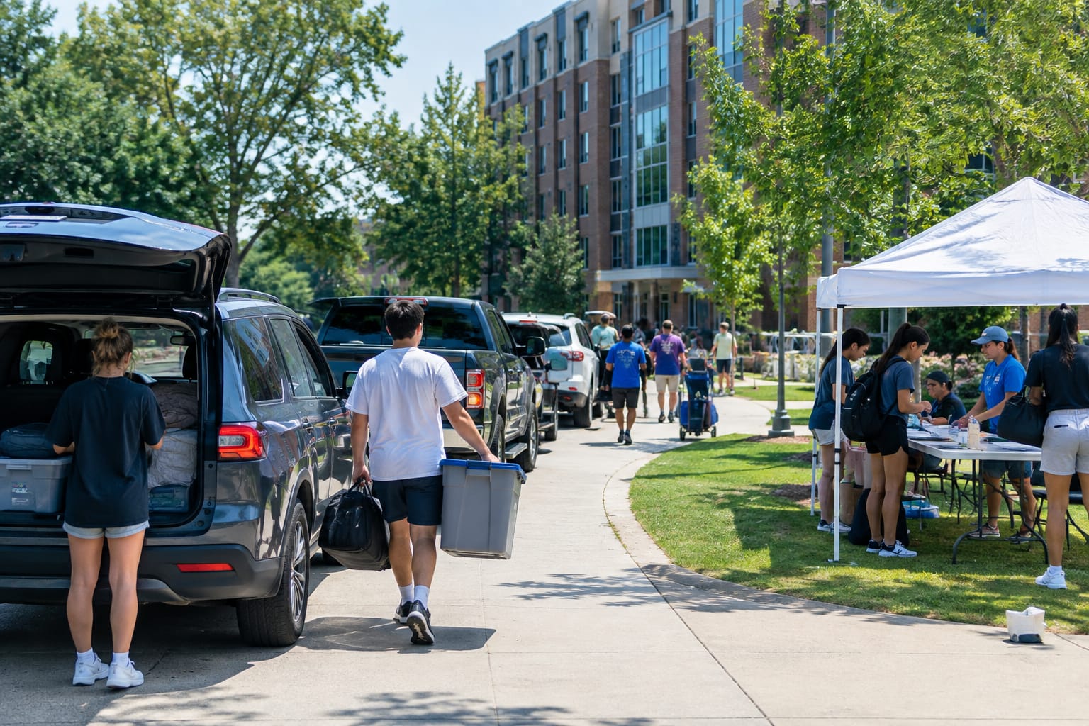Students and parents unloading bins and mini fridges at a university residence hall move-in day