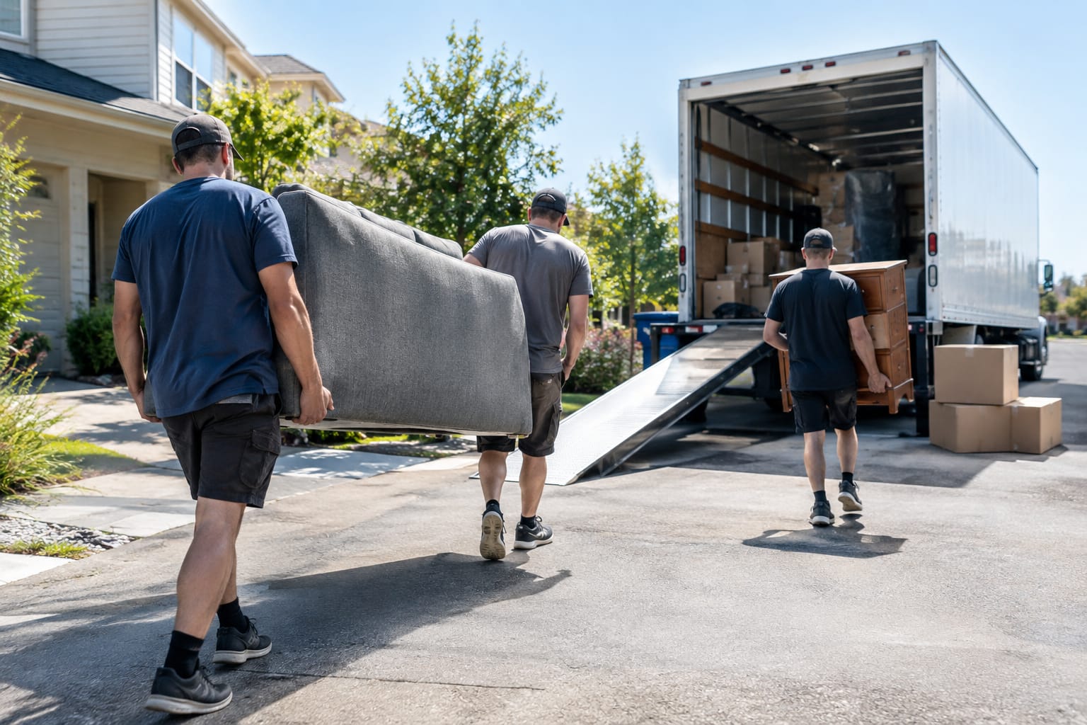 how many movers do i need — Three movers loading blanket-wrapped furniture into a box truck parked outside a wooden multi-fam