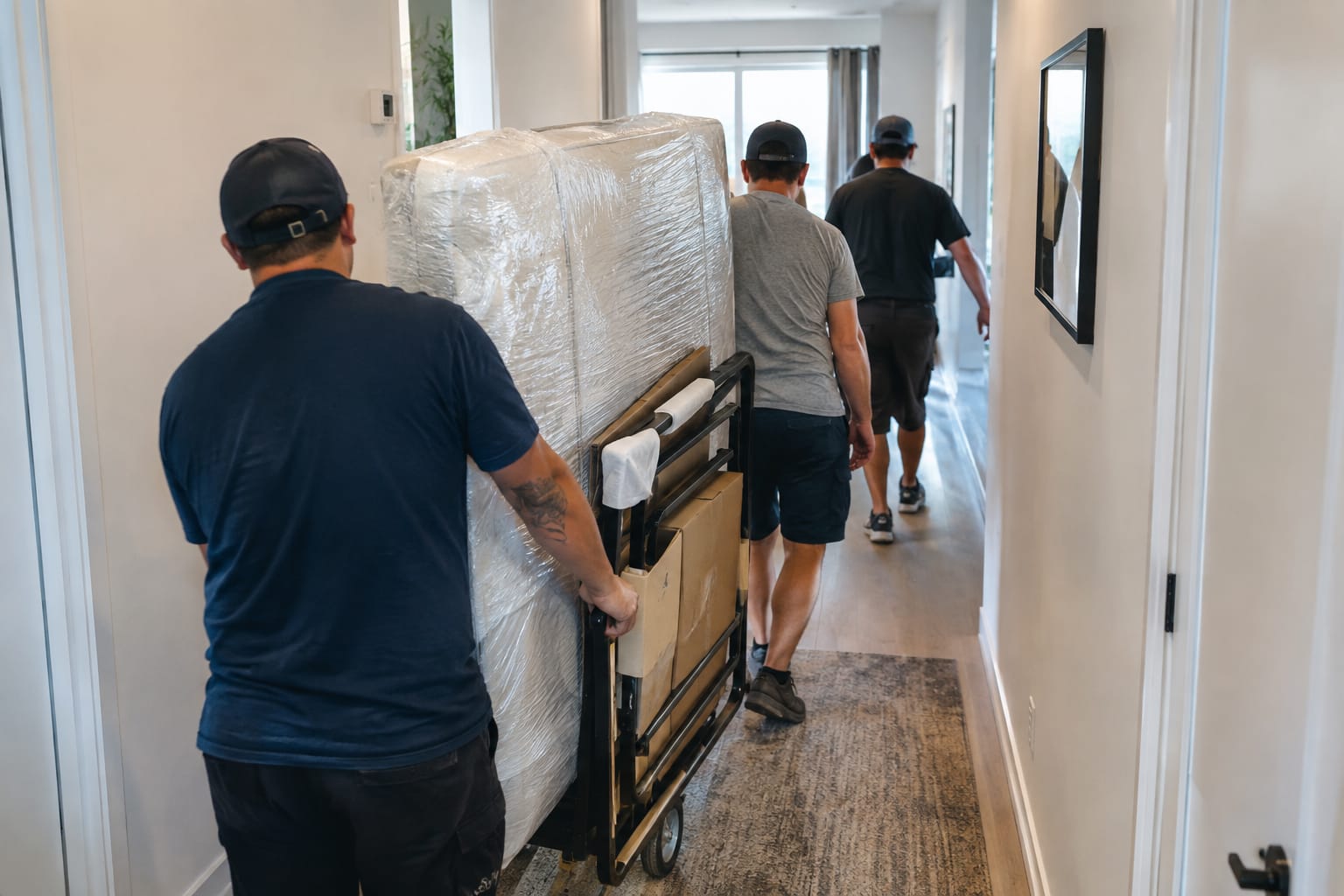 Three movers wrapping a bookcase, taping a box, and wheeling a loaded dolly in an empty apartment