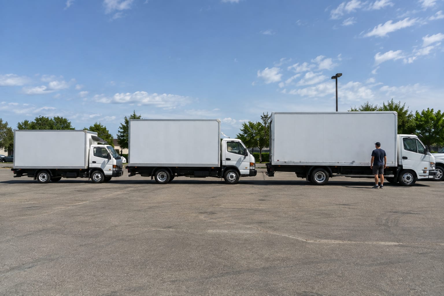 Three rental trucks in a row — 10-foot, 15-foot, and 26-foot — with a person beside the largest for scale.