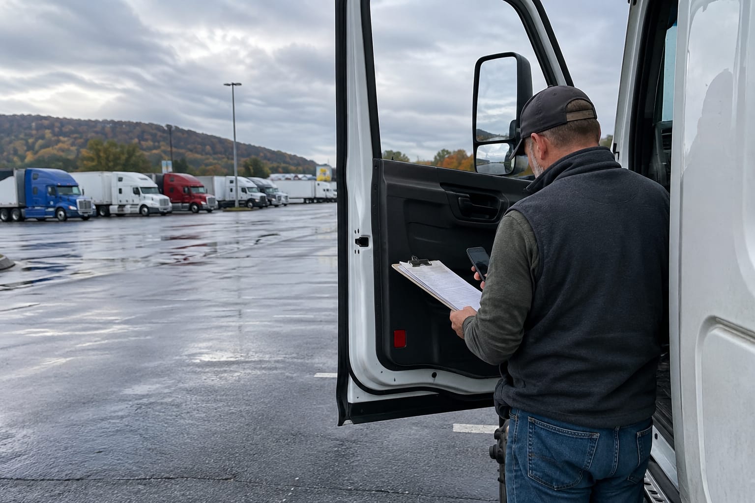 Truck driver at a rest area checking a printed bill of lading against a phone screen