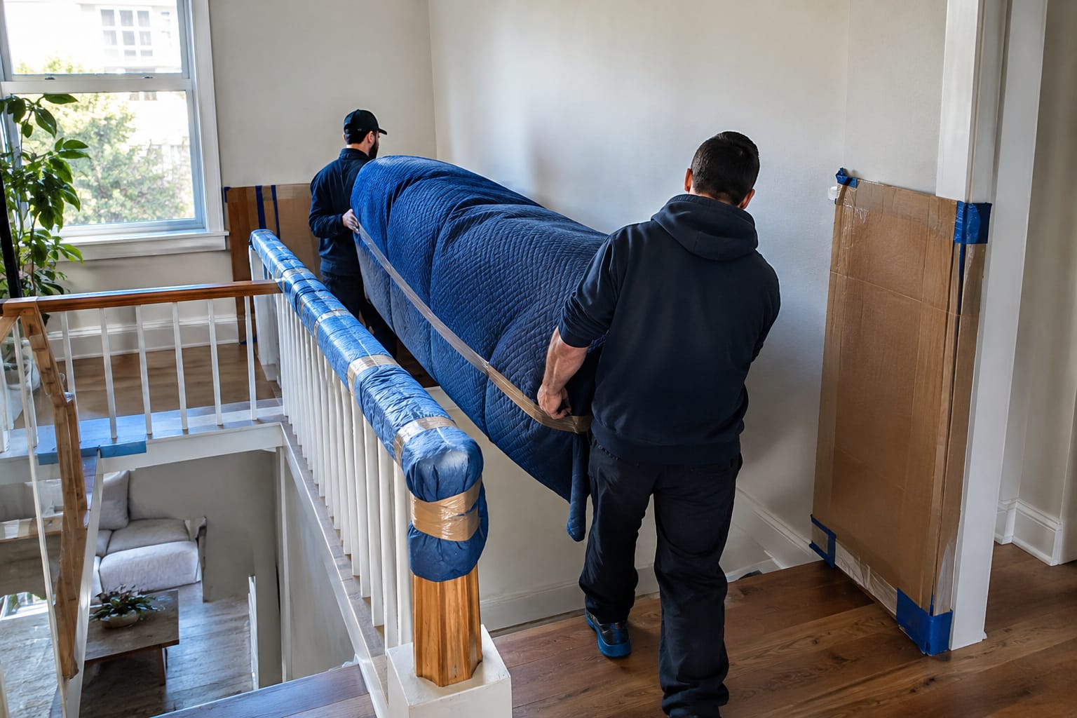 Two movers angling a blanket-wrapped sofa around a padded split-level staircase landing