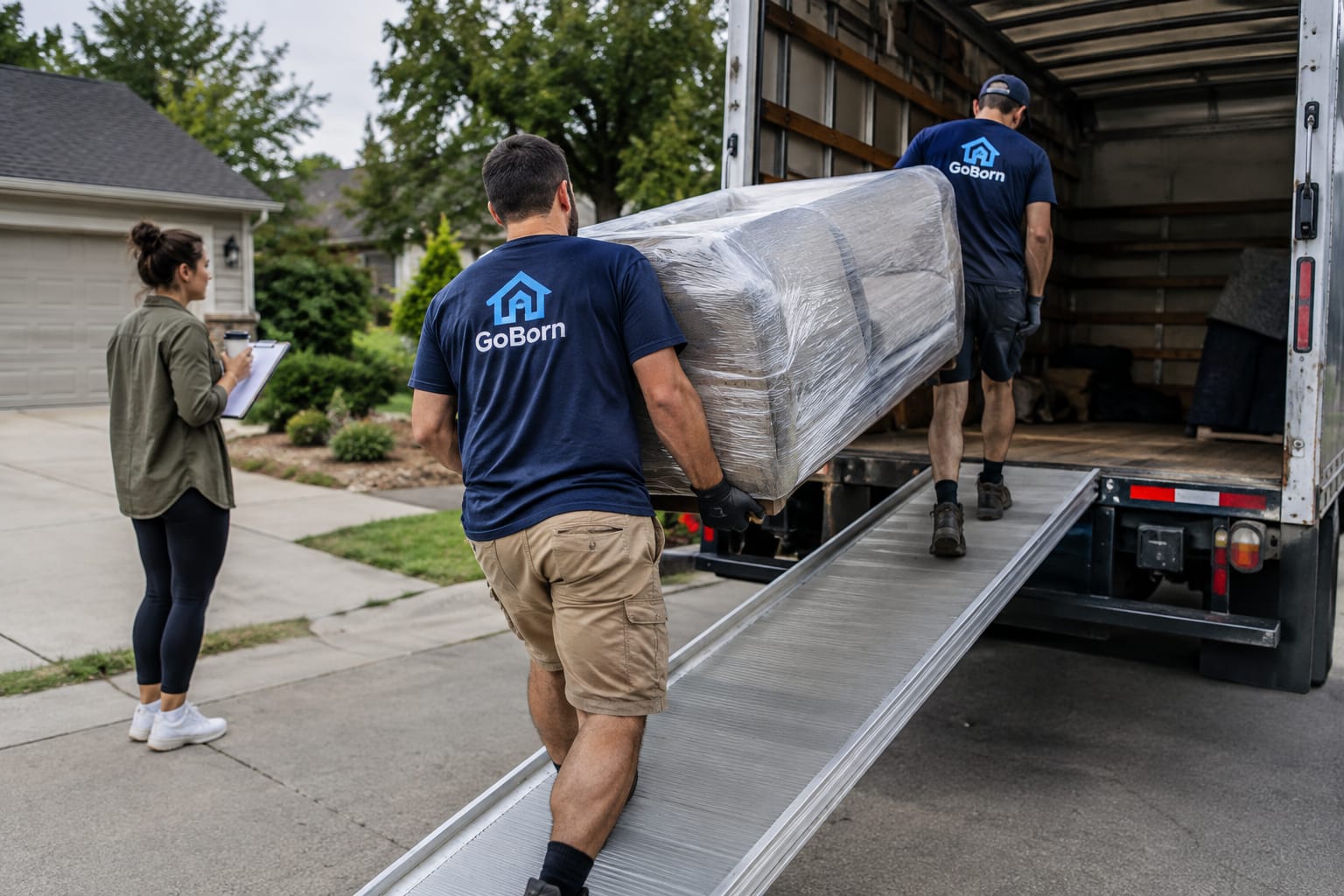 Two movers carry a shrink-wrapped sofa up a rental truck ramp while a customer watches with a clipboard.
