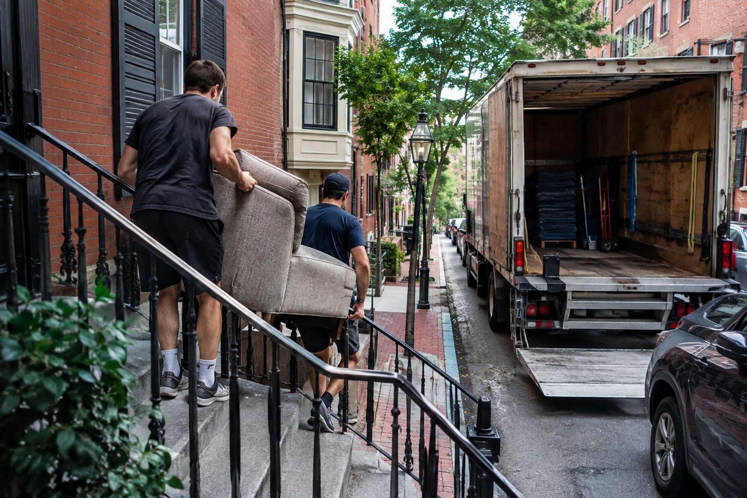 Two movers carrying a bagged mattress up a narrow exterior staircase of a gray triple-decker house