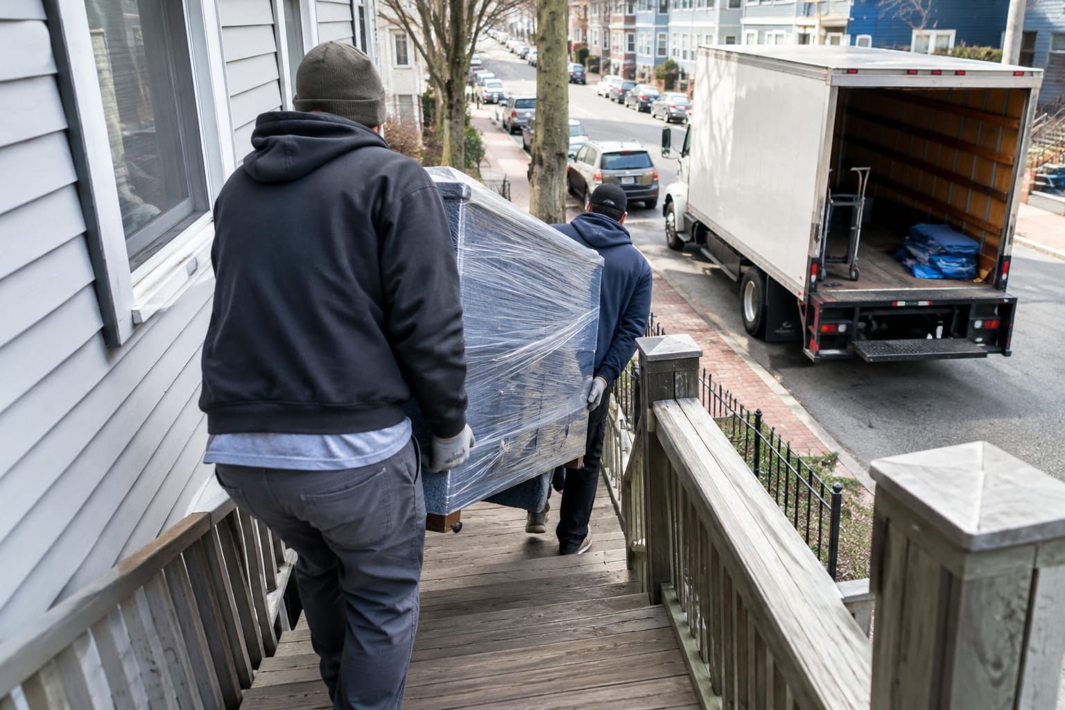 Two movers carrying a wrapped dresser down a narrow exterior staircase of a triple-decker toward a box truck.