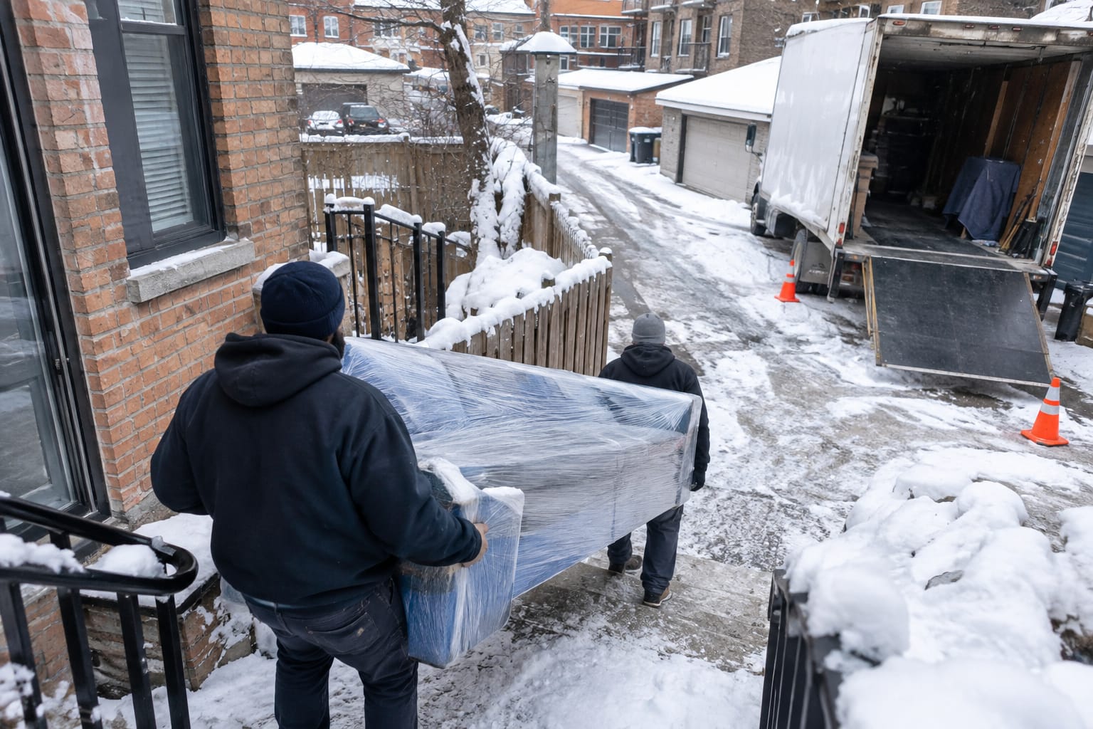 Two movers shrink-wrapping a sectional sofa in a narrow alley beside an open box truck and wooden garage doors