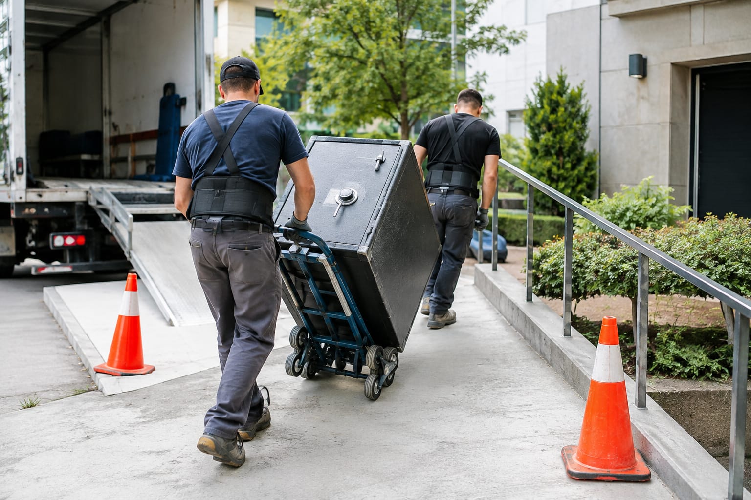 Two movers walking a floor safe down a loading ramp on a steel stair-climbing hand truck