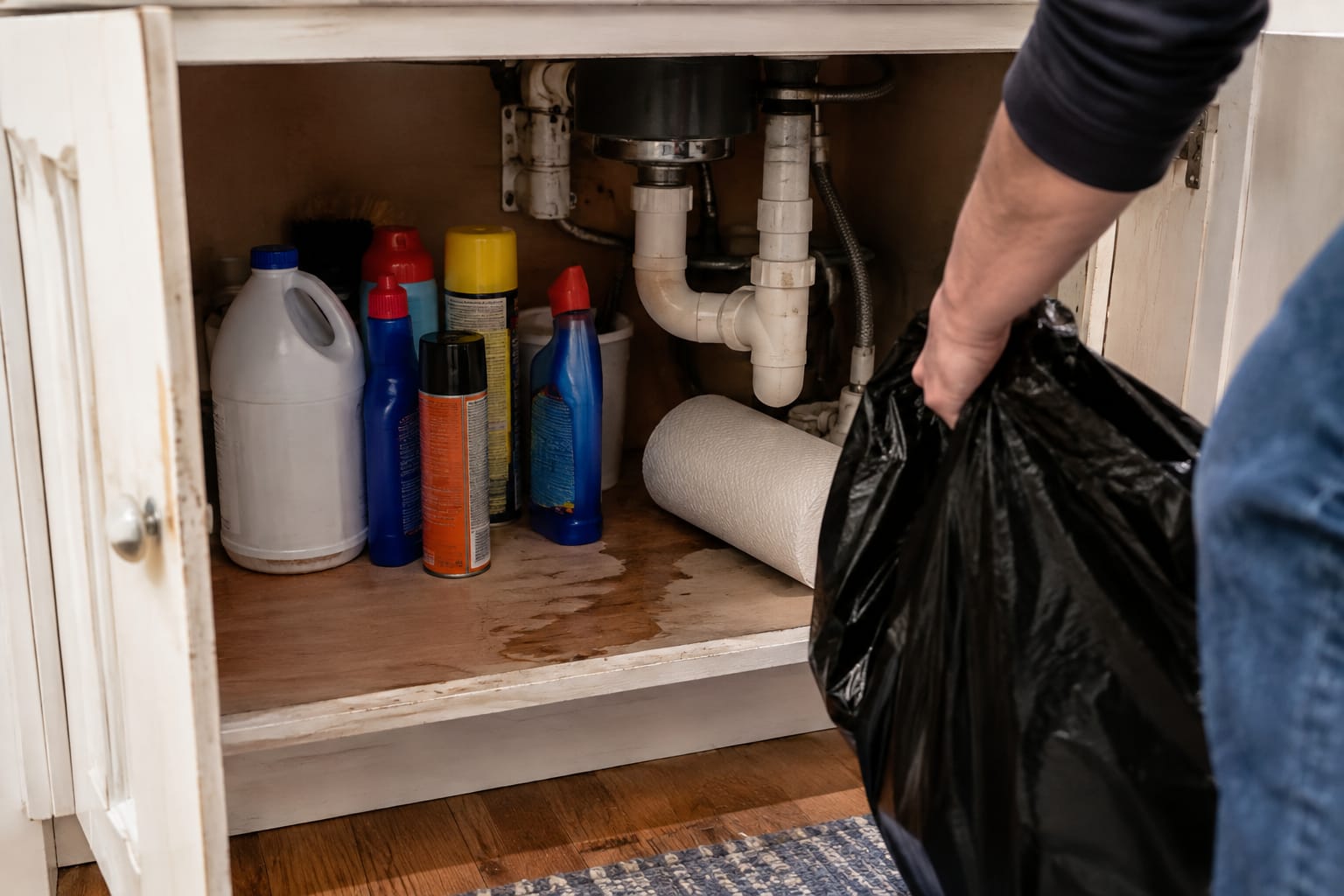 Under-sink cabinet full of bleach, drain cleaner, and aerosol cans as a hand reaches in with a black disposal bag.