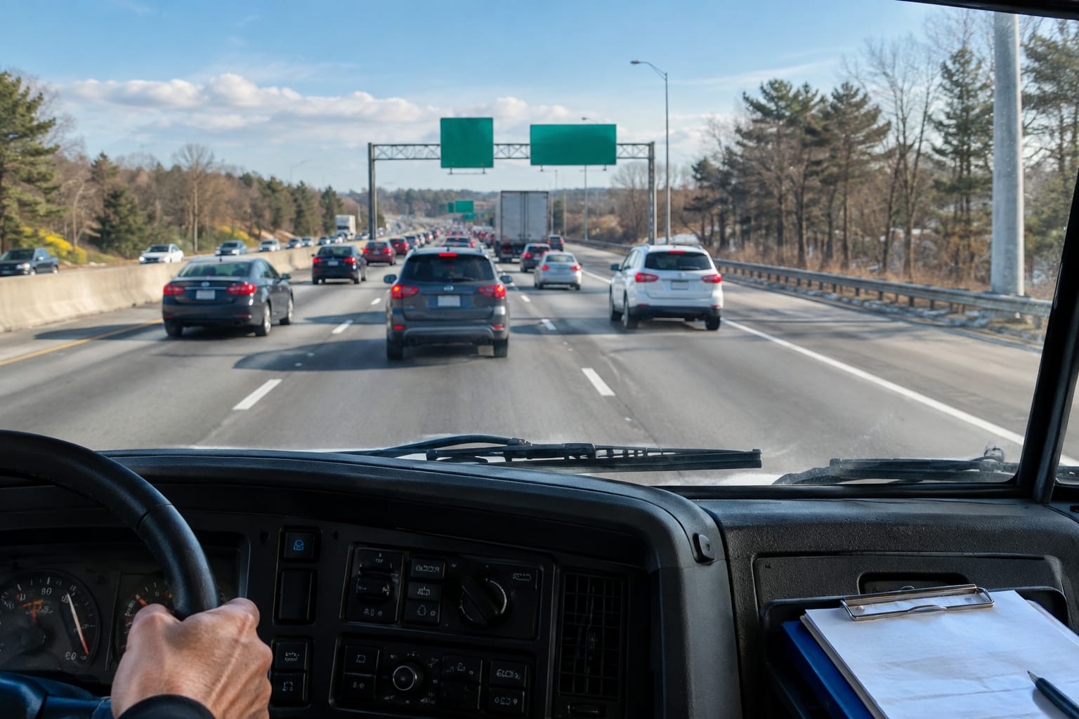 Windshield view of a moving truck merging into rush-hour interstate traffic with a job sheet on the seat