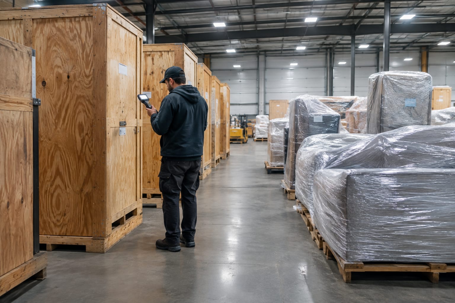Worker checking an inventory tag beside wrapped furniture