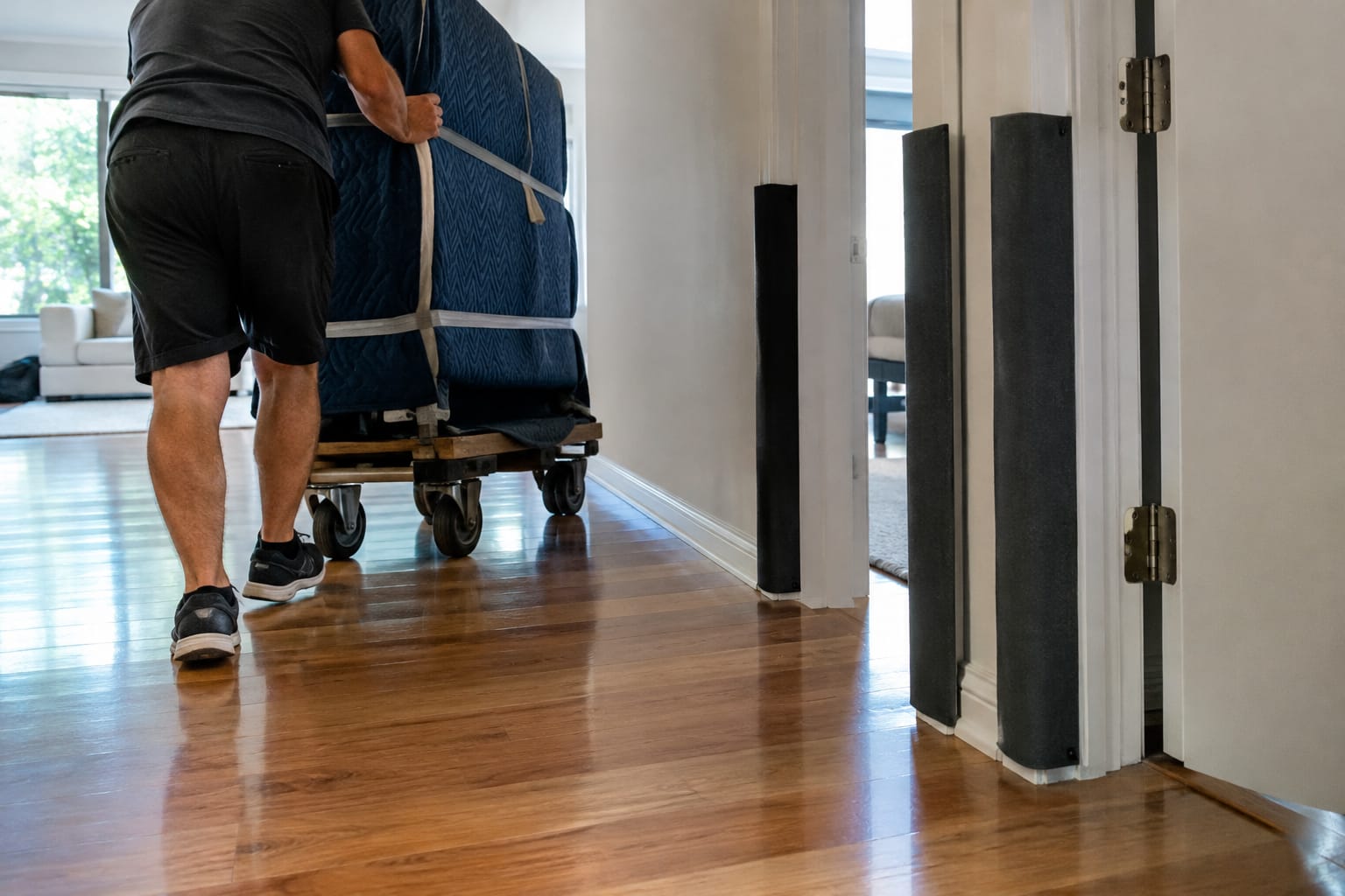 Apartment hallway with padded door jambs, a floor runner, and a blanket-wrapped sofa on a furniture dolly