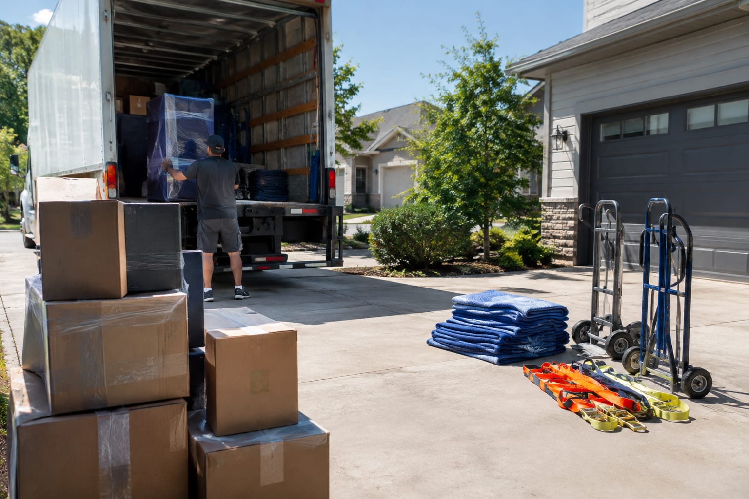 Appliance dollies, furniture sliders, stretch wrap, coiled ratchet straps, quilted pads and gloves on a truck tailgate