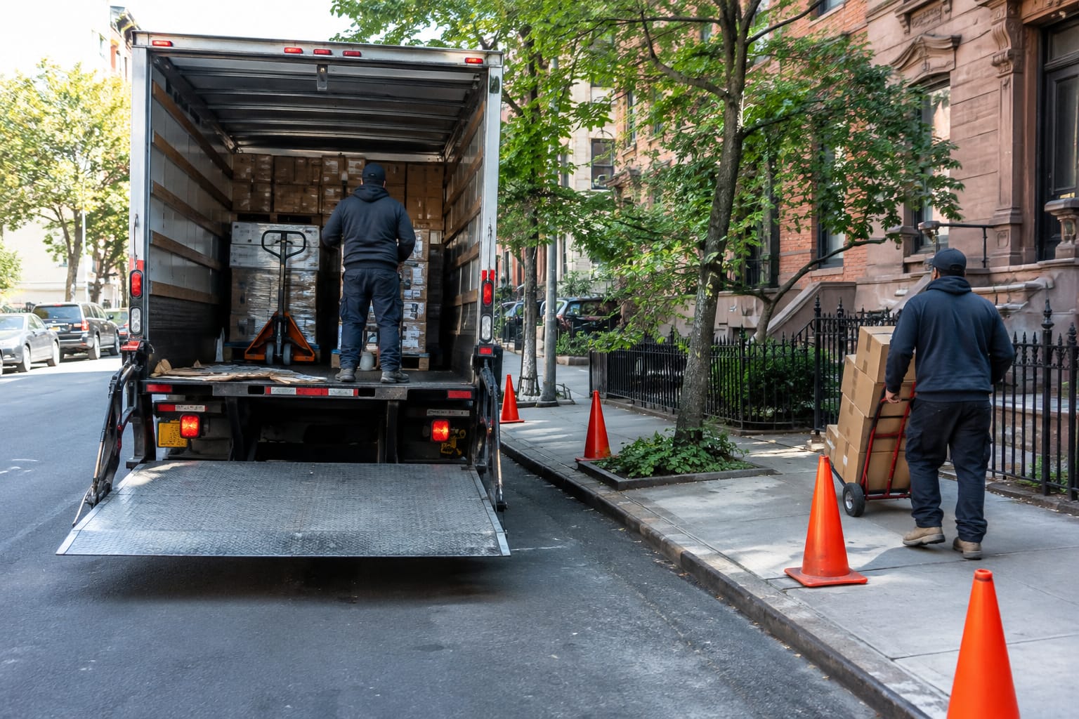 Box truck at a residential curb with orange cones beside it as a mover lowers the lift gate