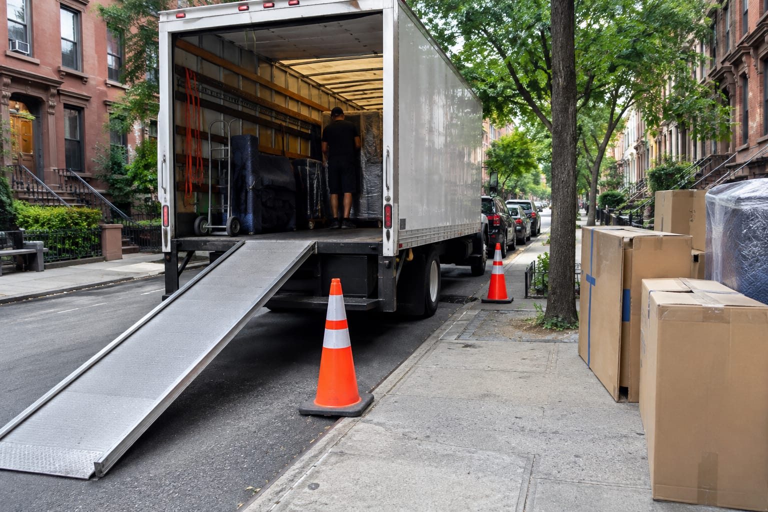 Box truck on a Manhattan side street near a fire hydrant with a mover standing at the open rear doors