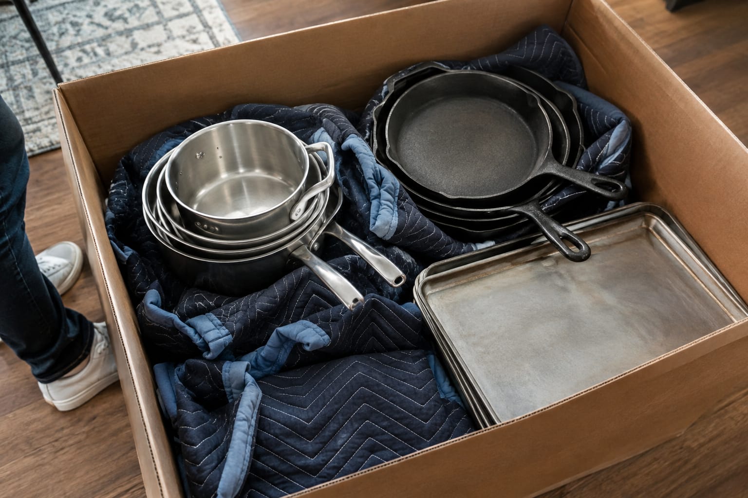 Cast iron skillet and nested pots in a moving box, with wrapped glass lids standing on edge