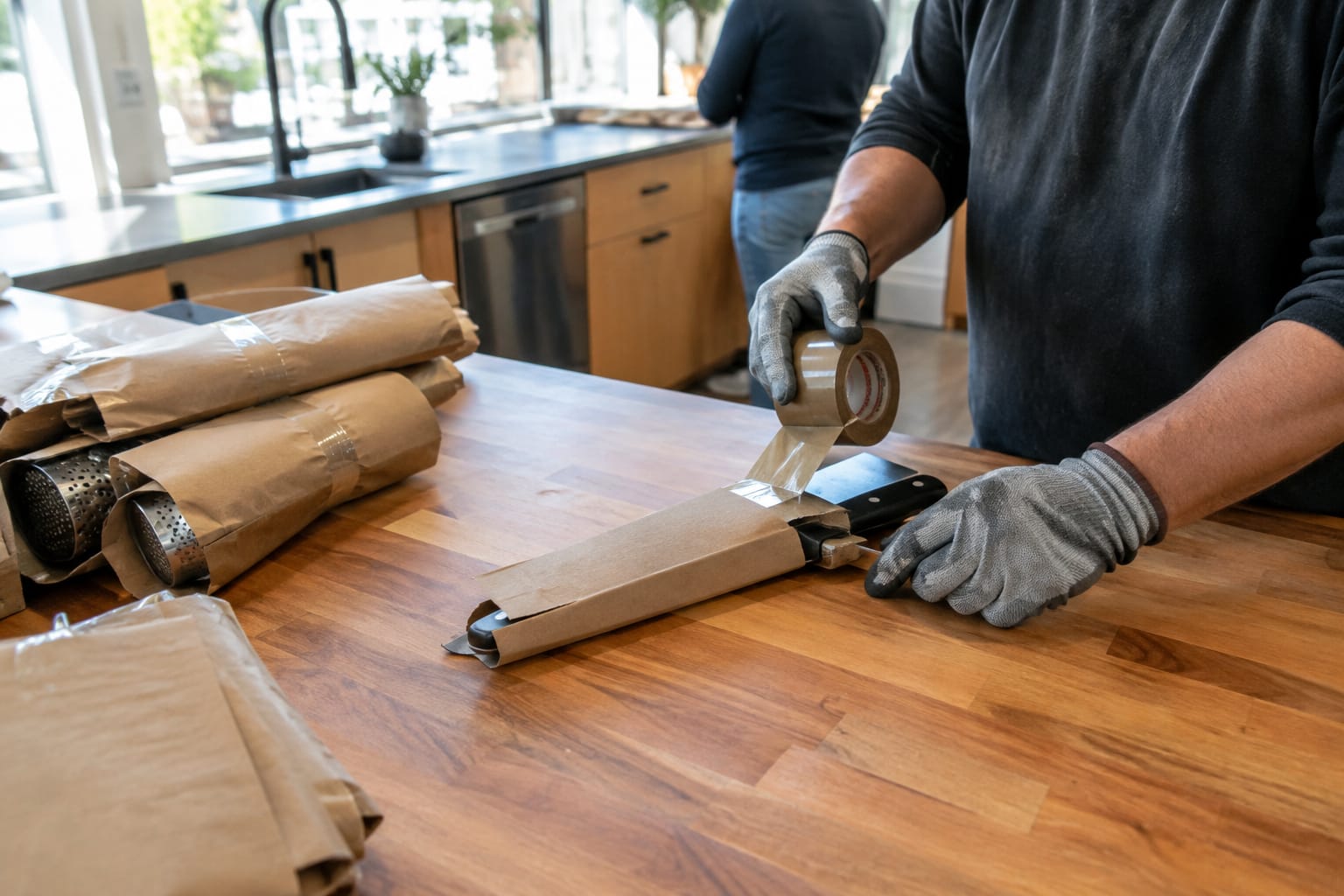 Chef's knife in a taped cardboard sheath next to wrapped knives and a box flap labeled SHARP