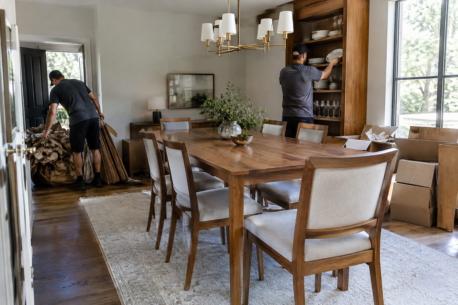Crew member shelving china while another bundles flattened cartons and packing paper in a new dining room