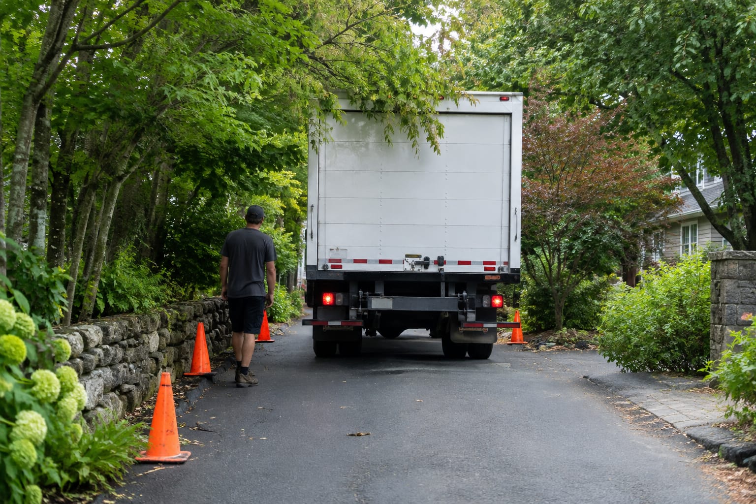Crew member spotting a moving truck backing up a sloped driveway under low tree branches