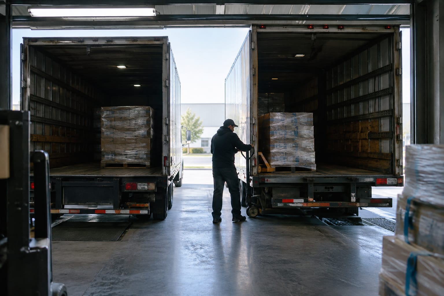 Customer reading a bill of lading on a clipboard beside a mover at the ramp of an unbranded box truck