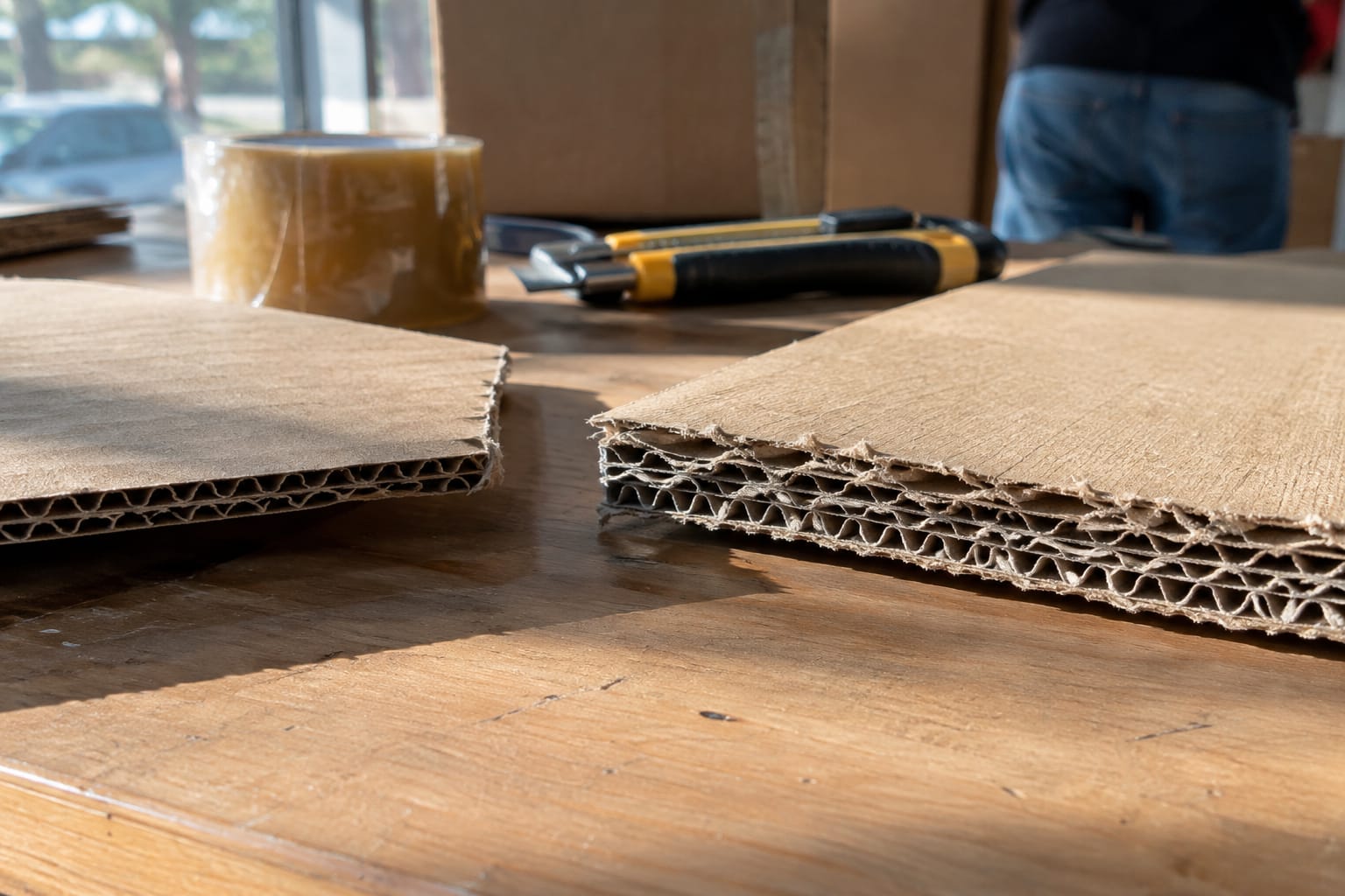Cut edges of single-wall and double-wall cardboard showing one and two fluted layers next to a tape measure