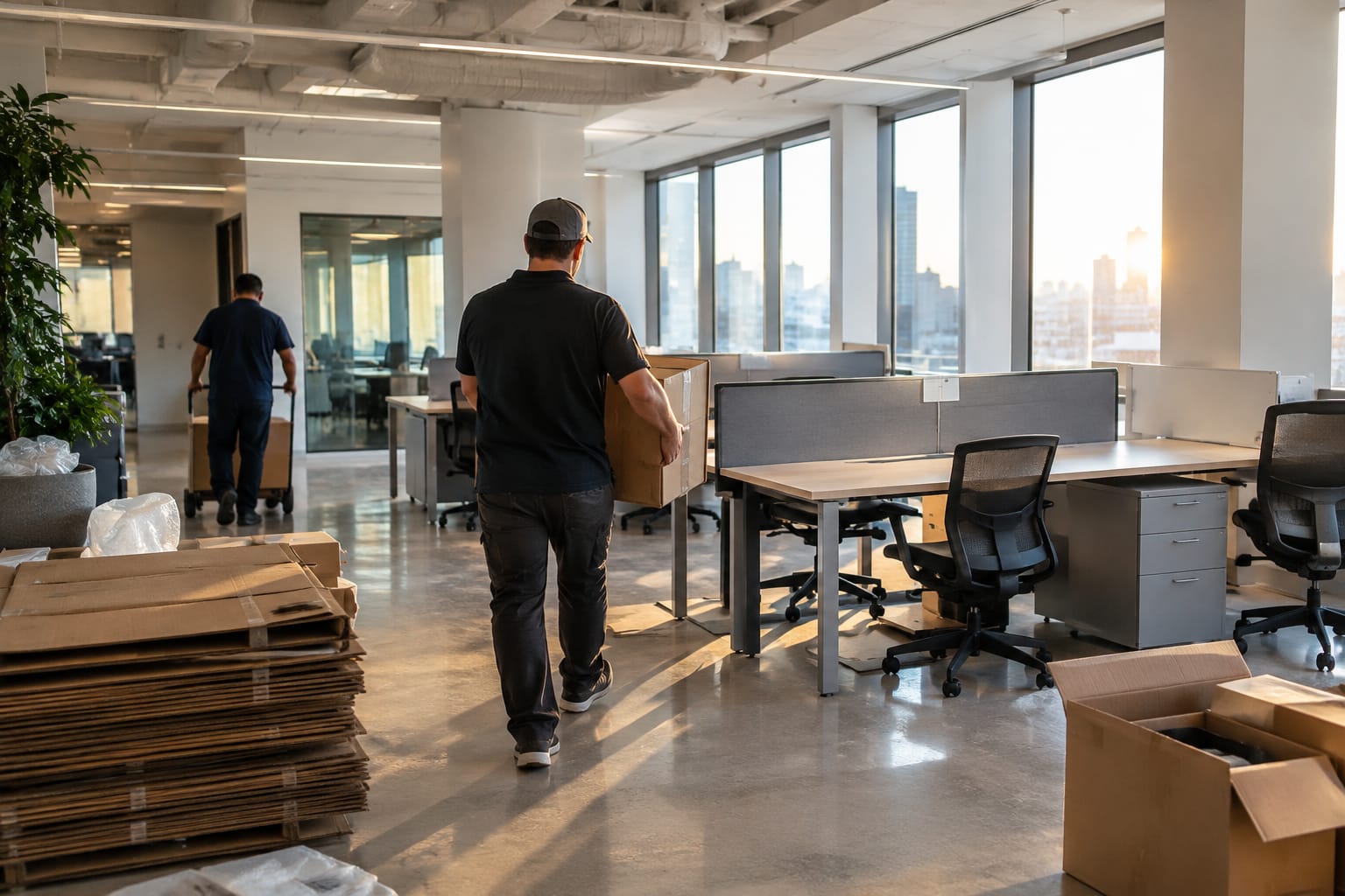 Employees unpacking crates at new desks while a manager walks the floor holding a printed punch list