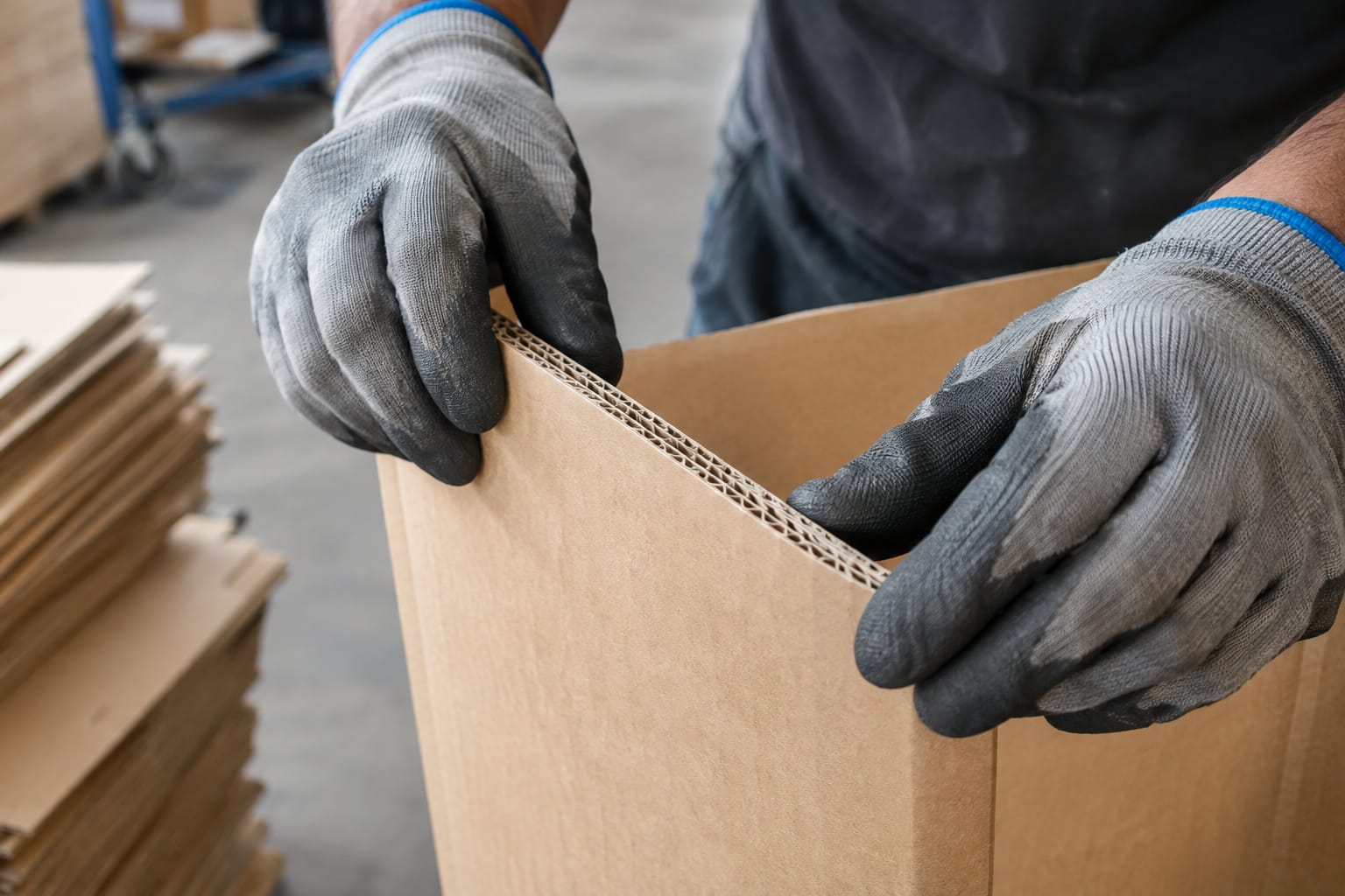 Gloved hands holding single-wall and double-wall cardboard edges showing one versus two wavy flute layers